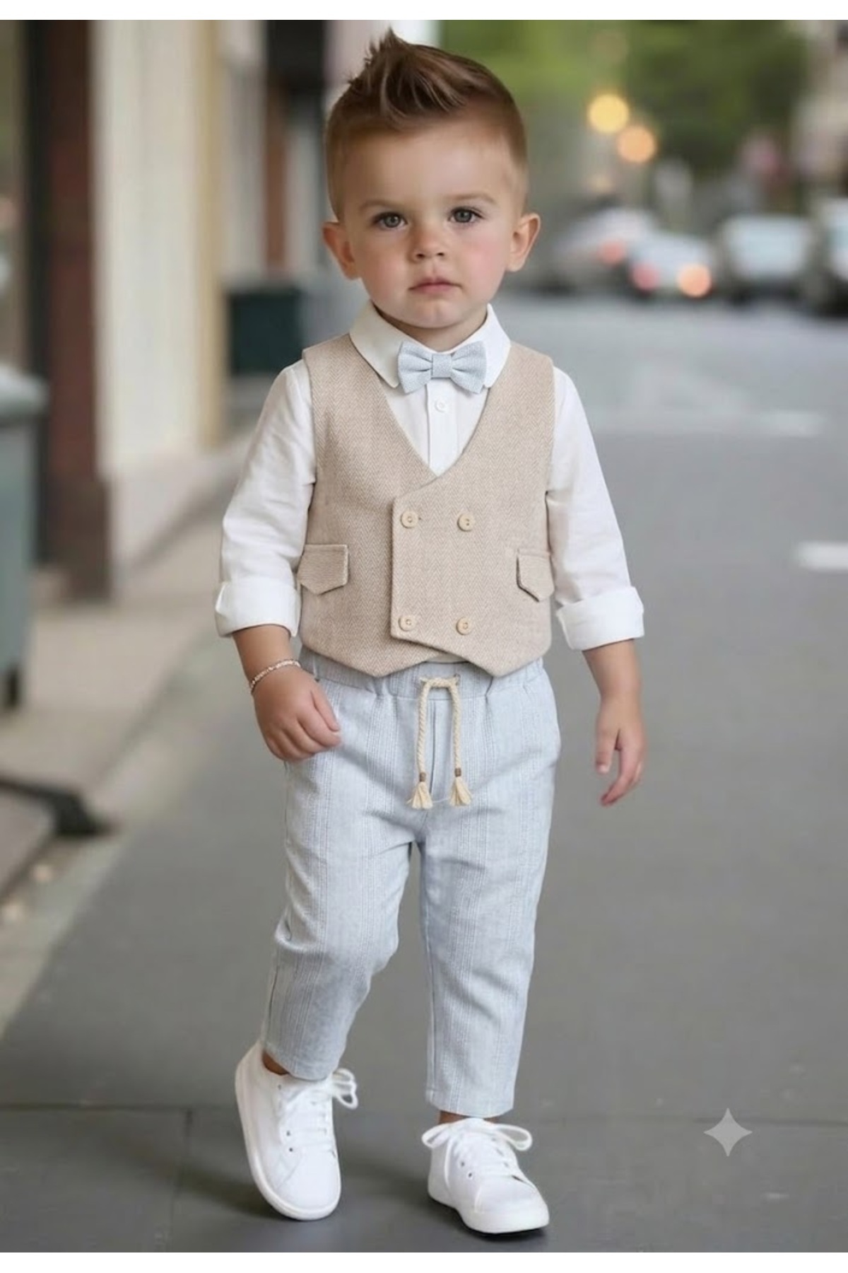 PARK BEBE Baby Boy and Child Double-Breasted Vest Special Occasion Set White Shirt, Beige Vest Shirt and Lace-Up Pants Combination Birthday Outfit