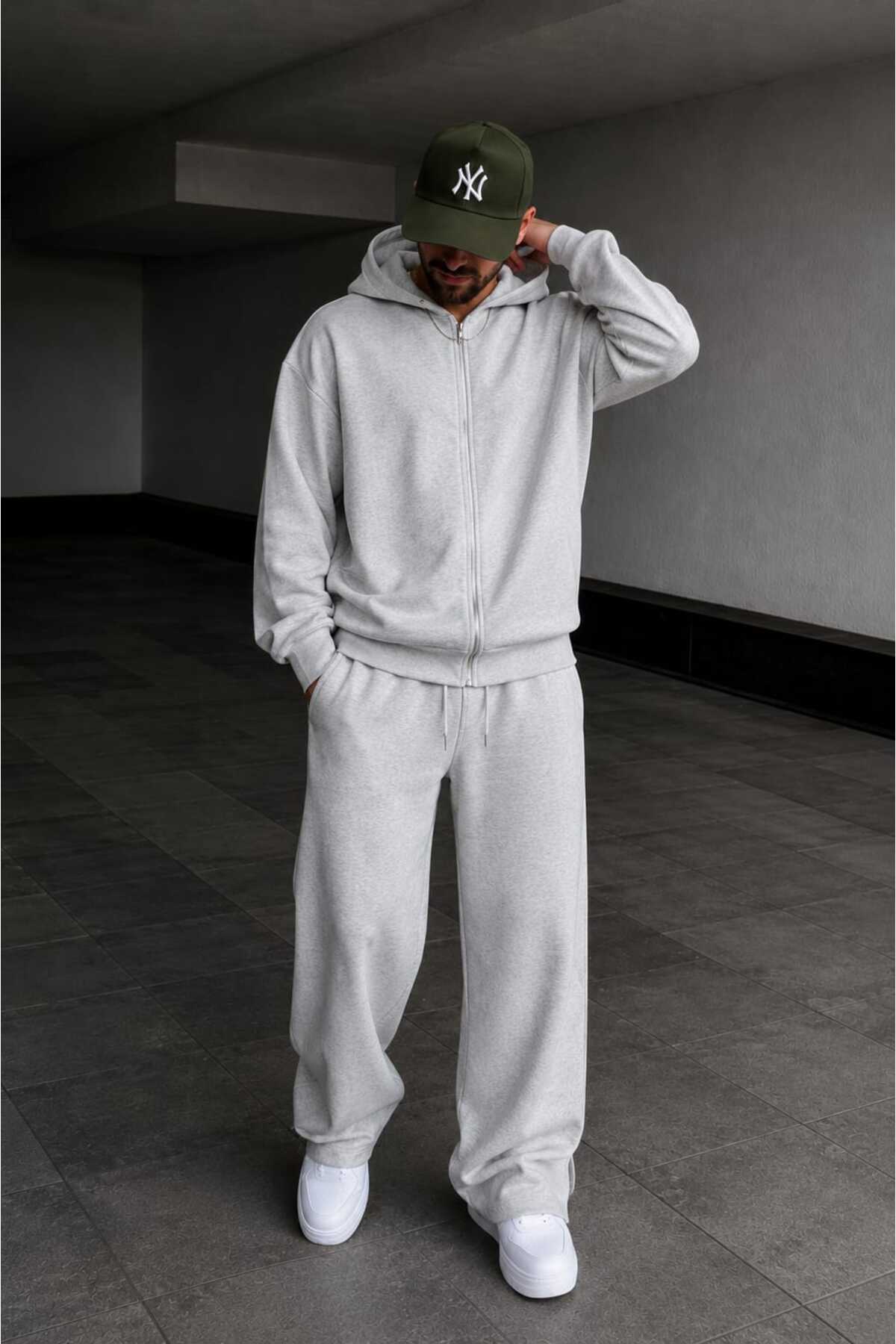 Unisex Oversize Fermuarlı Kapüşonlu Eşofman Takımı — خاکستری 00049