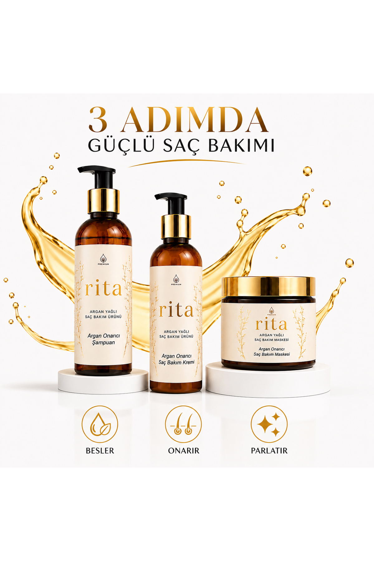 Rita Cosmeticlab Argan Yağlı Saç Bakım Seti 3’lü | Şampuan 250 ml + Saç Kremi 250 ml + Yoğun Onarıcı Saç Maskesi 250 ml — BKMSET