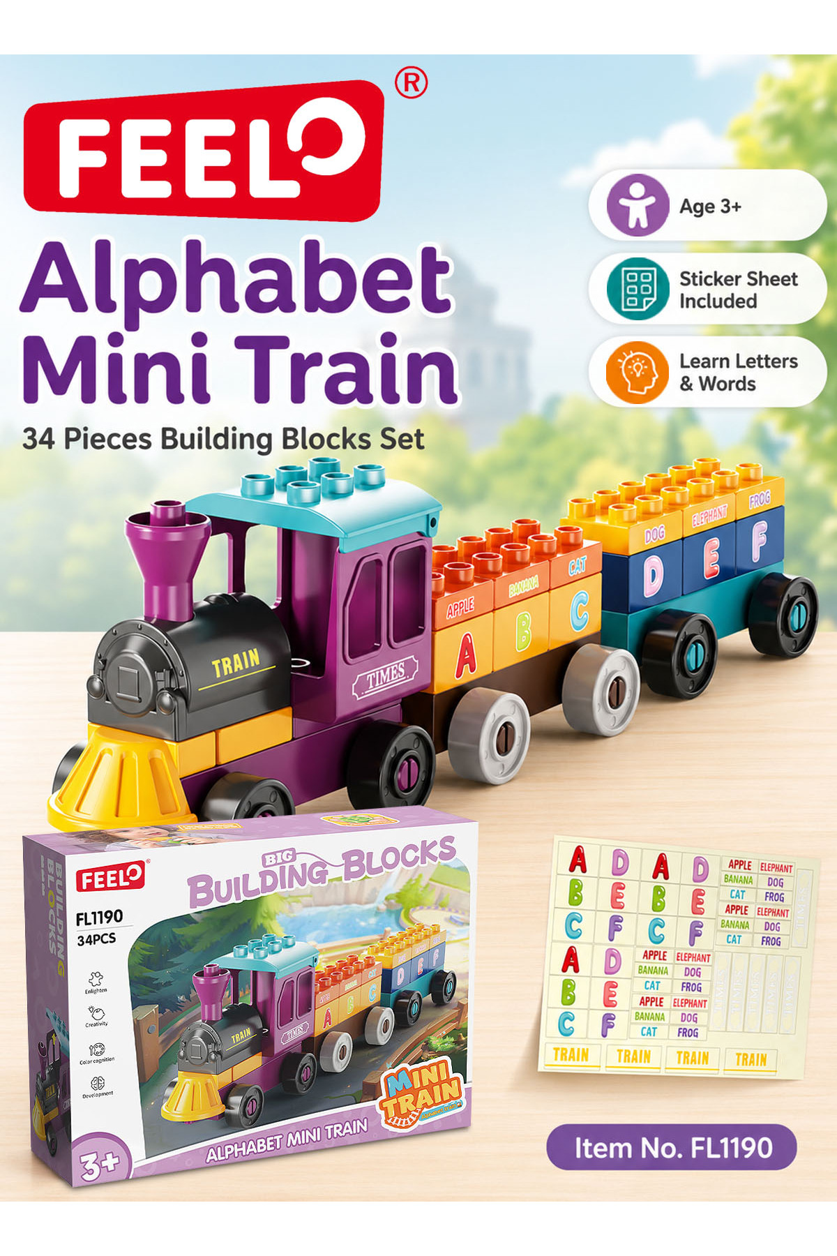 Feelo FL1190 Alphabet Mini Train 34-Piece Building Blocks Set with Letter and Word Sticker Sheet, Multicolour Educational Railway Construction Toy for Kids Age 3+