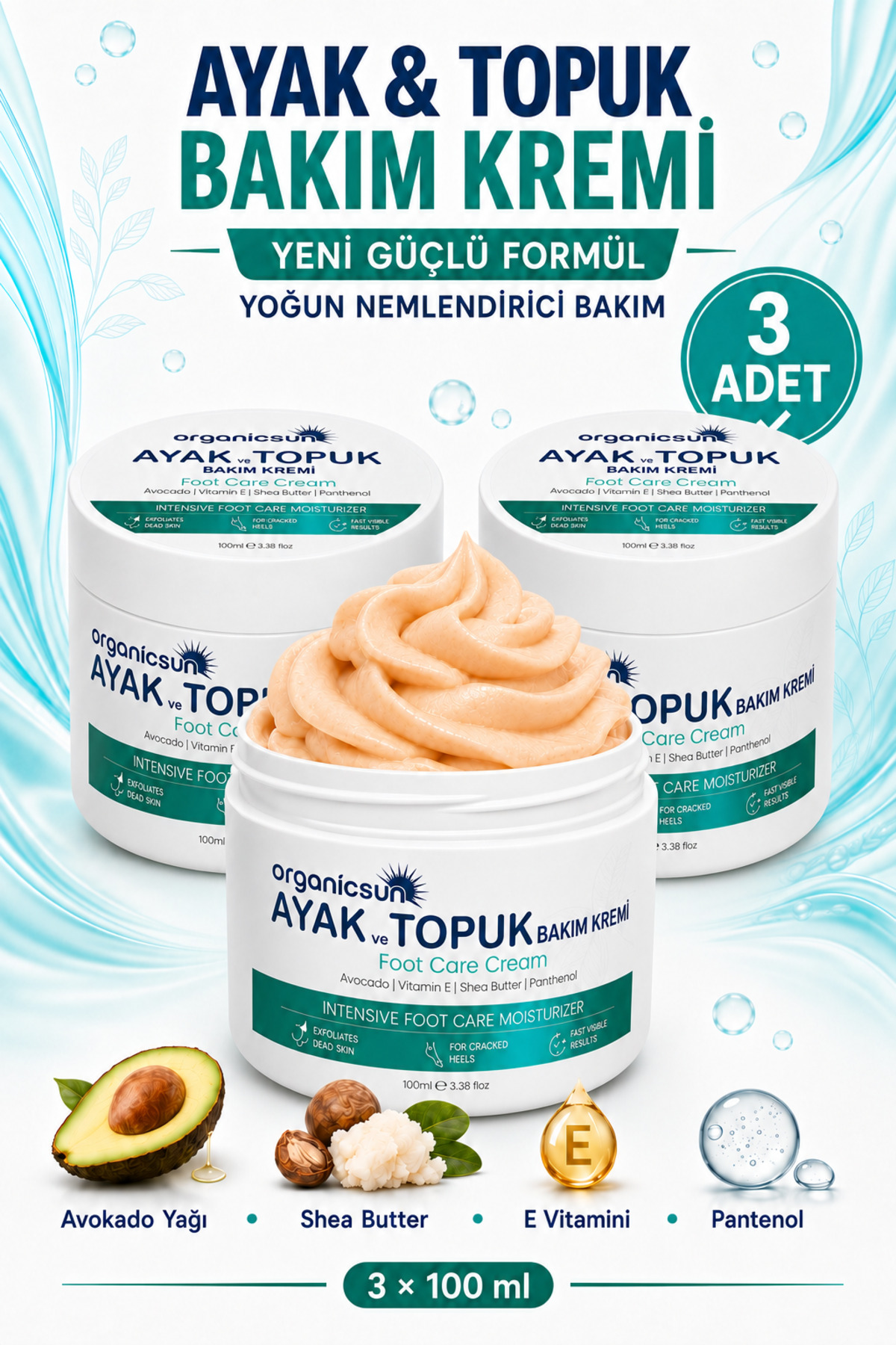 Organicsun کرم مراقبت از پا و ترک پاشنه پا ۱۰۰ میلیلیتر × ۳ عدد - خوشبو کننده پا، مراقبت از ناخن با آووکادو و کره شی باتر — ۴۵۰۰.۳