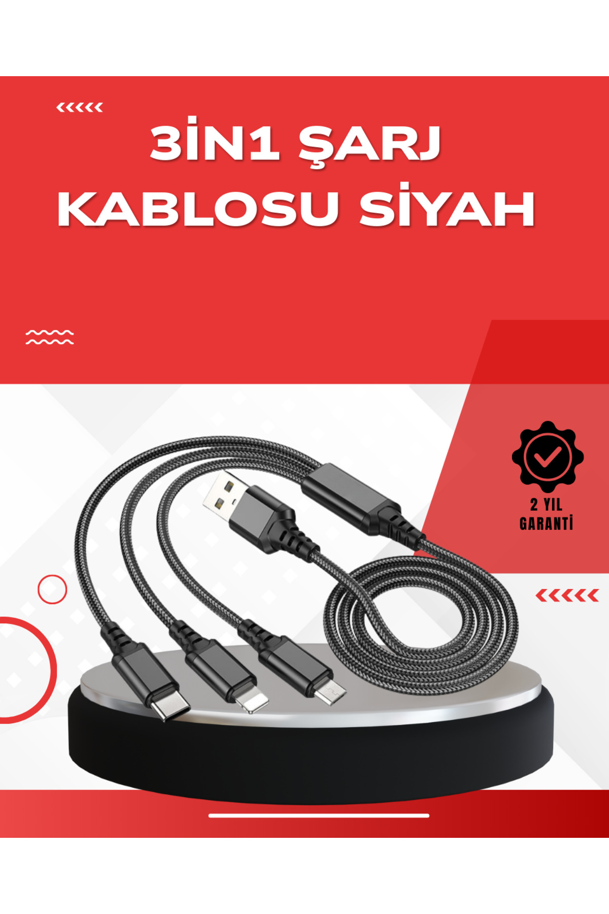 markentegra Dayanıklı Metal Başlıklı 3’ü 1 Arada Şarj Kablosu – Tüm Cihazlarla Uyumlu