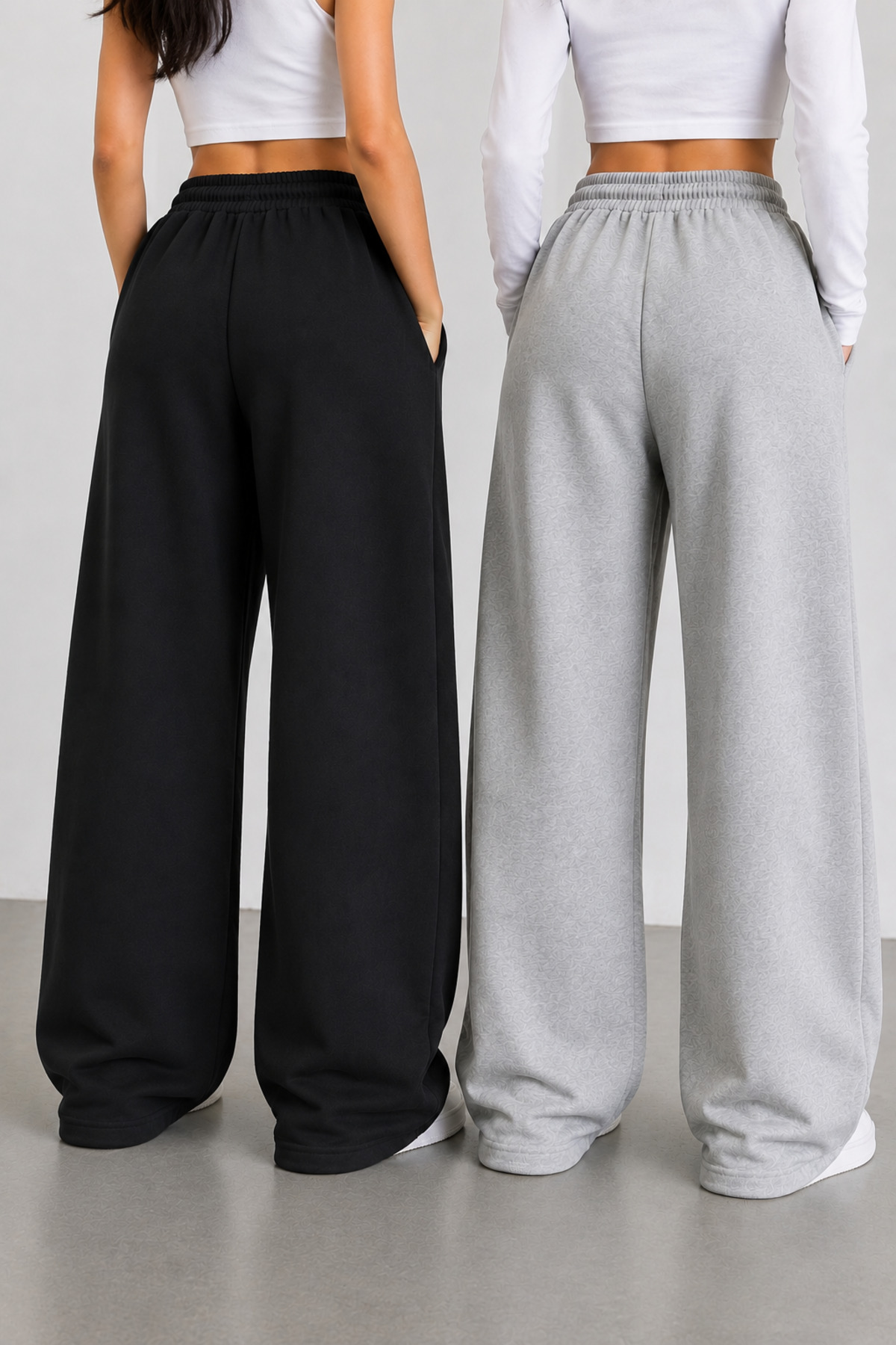 yx yustex sport 2'li Kadın NY Baskılı Eşofman Altı (Siyah-Gri) Oversize Kalıp Bol Paça görsel 2