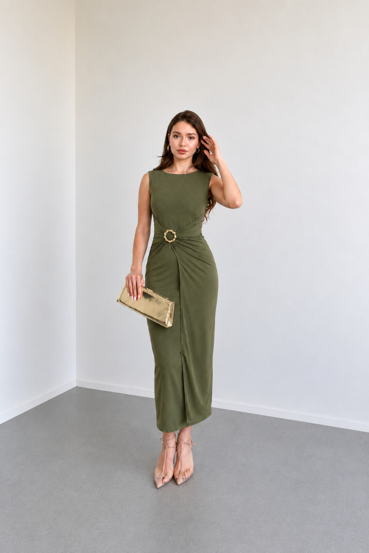 Nika Fashion Meloni Sıfır Kol Aksesuarlı Sandy Elbise görsel 2