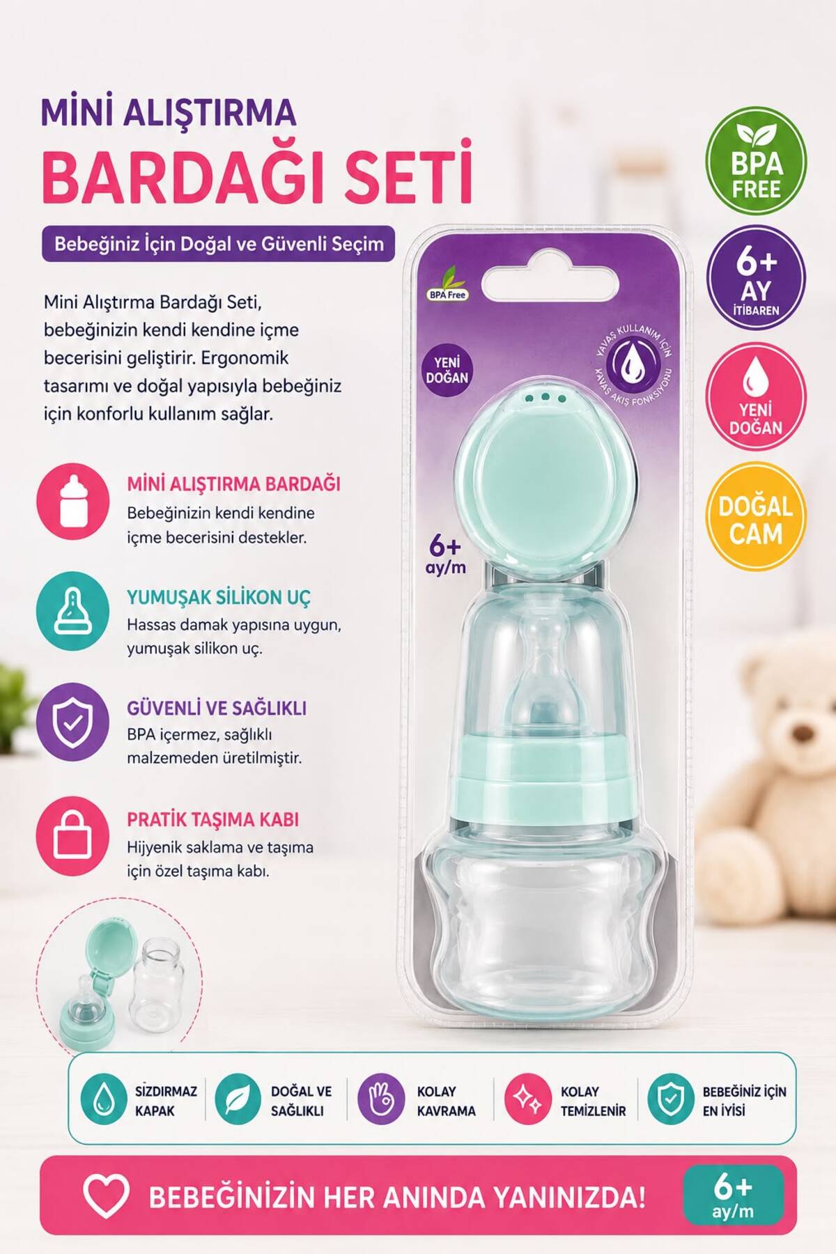 Genel Markalar Doğal Cam Mini Alıştırma Bardağı Seti 60ml 6+ Ay BPA Free Çift Başlıklı Bebek Beslenme Bardağı