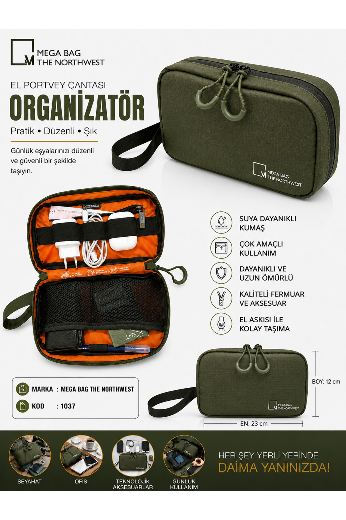 M 1037 Polyester Seyahat Tıraş/ Makyaj Çantası, Organizatör Haki