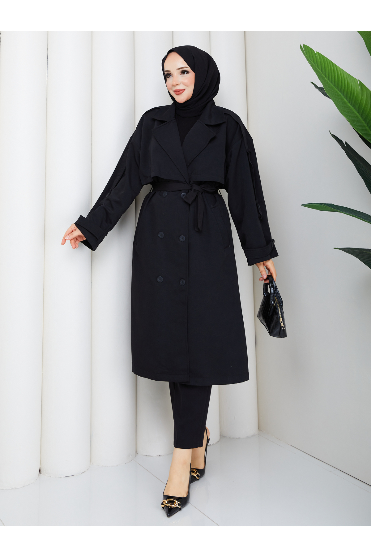 RACE FASHİON Kadın Oversize Düğmeli Tesettür Trençkot RC3111 görsel 6