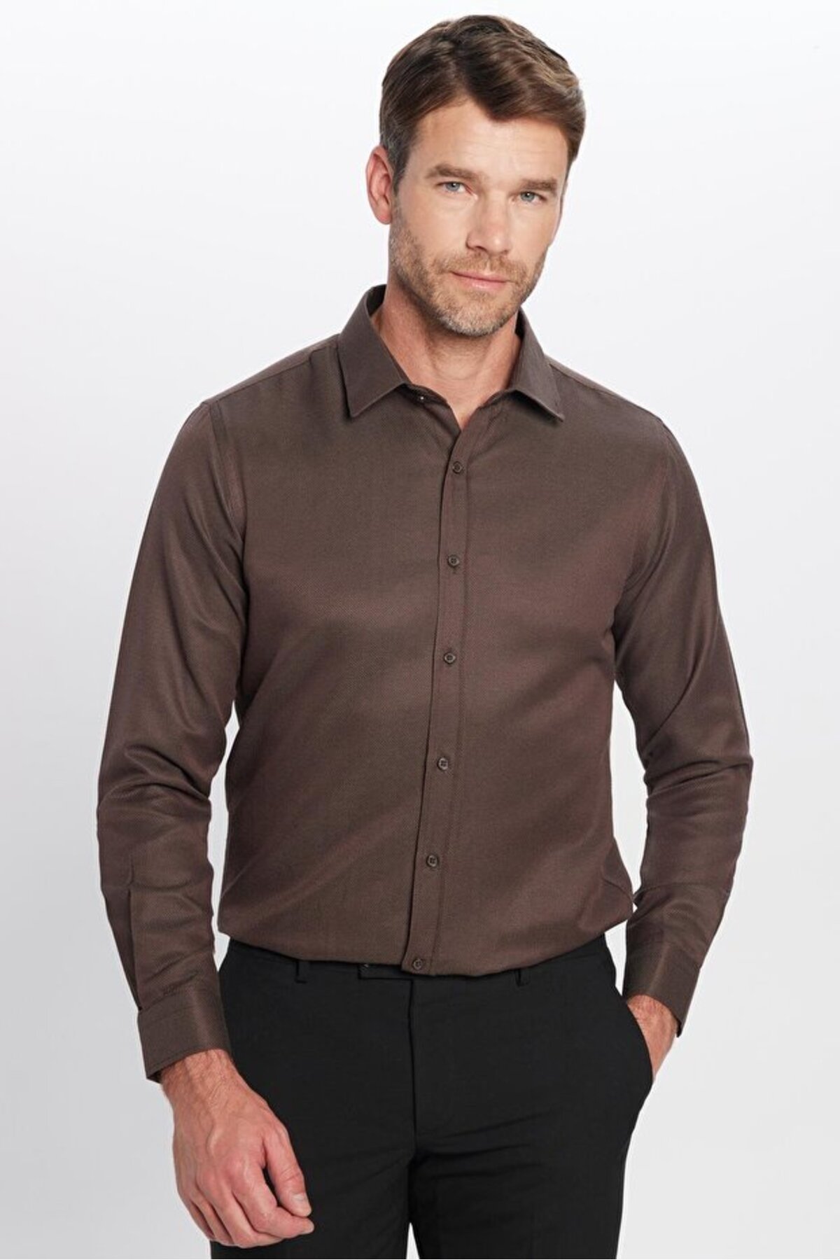 Genel Markalar Modern Slim Fit Uzun Kollu Pamuklu Kolay Ütülenebilir Armürlü Erkek Kahve Gömlek — قهوه‌ای pick-125