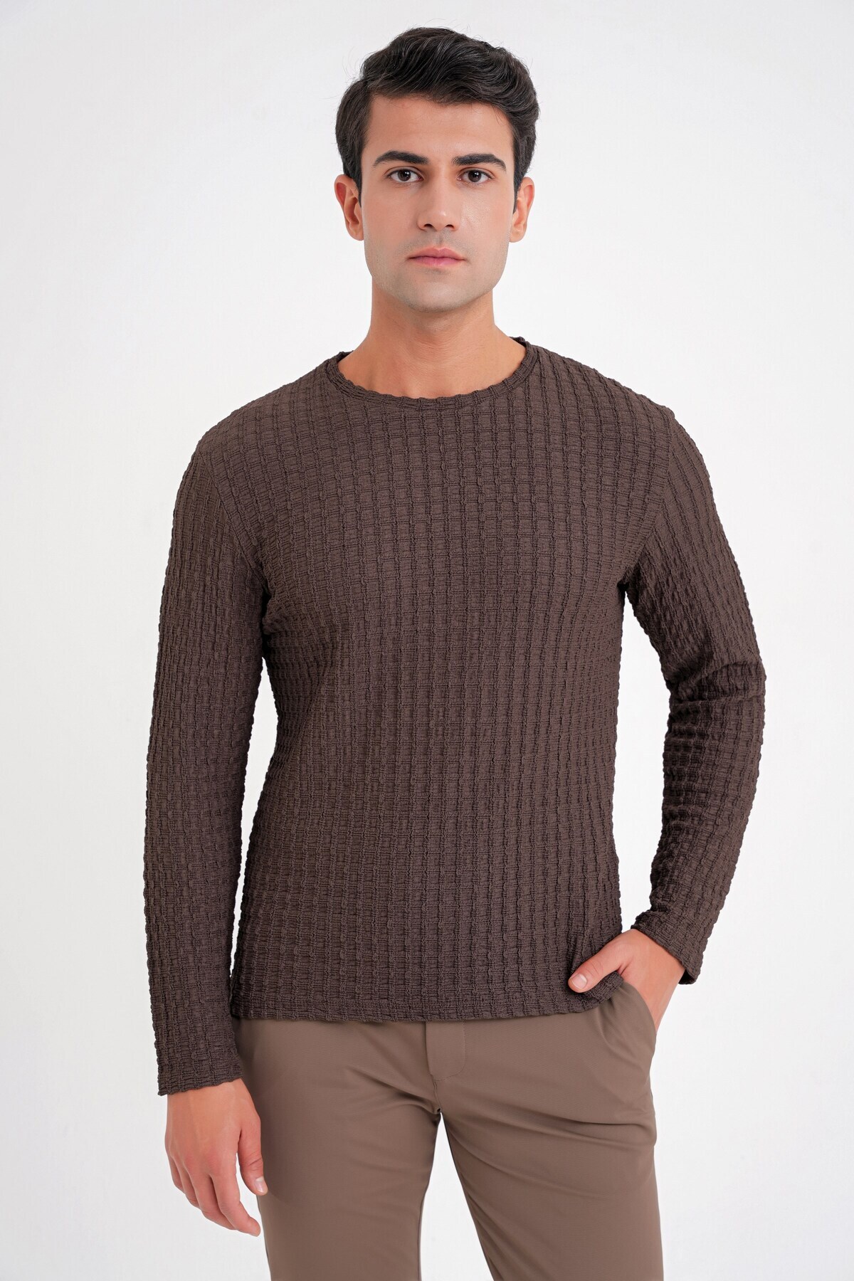 Efor Slim Fit Stretch Cotton Textured Fabric Long Sleeve Brown T-Shirt Ts 934