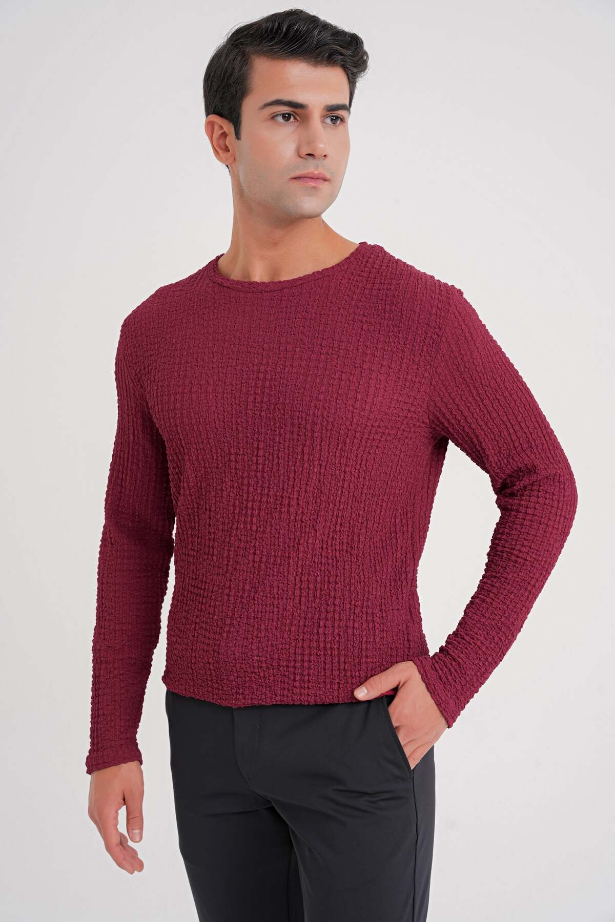 Efor Slim Fit Stretchy Cotton Textured Fabric Long Sleeve Burgundy T-Shirt Ts 934