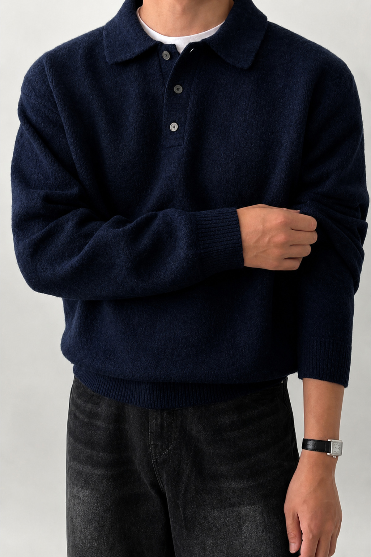 SERABLANKA Erkek Polo Yaka Oversize Triko Kazak, Rahat Kalıp görsel 3