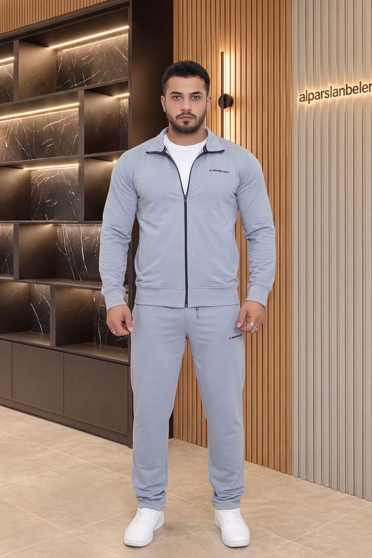 İki İplik Fermuarlı Dik Yaka Cepli Erkek Eşofman Takımı Gri — خاکستری TV-P-80527