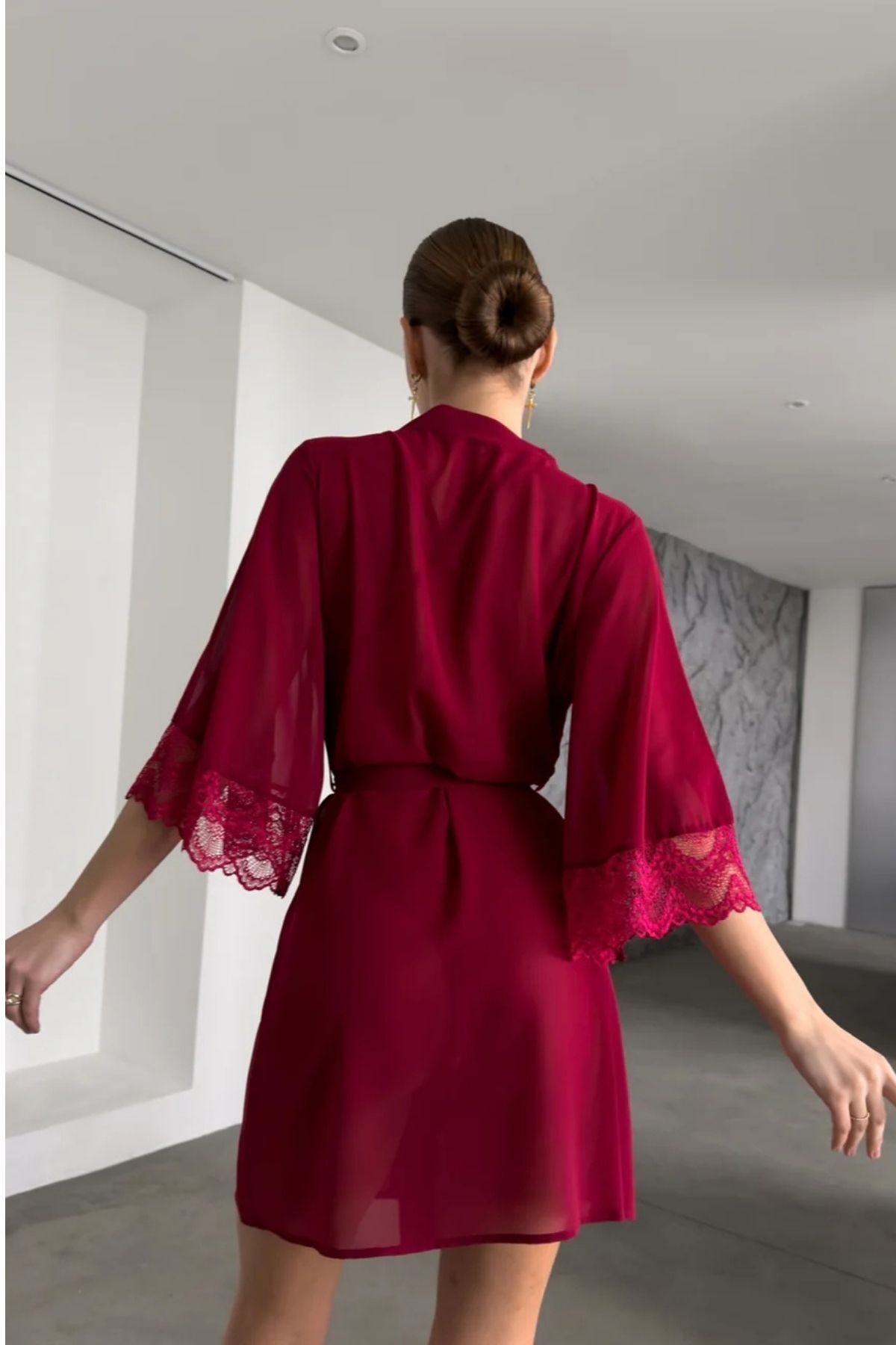 ESPERE Bordo Derin V Yaka Sabahlıklı Bodysuit Takım Çeyizin Vazgeçilmez Parçası görsel 4