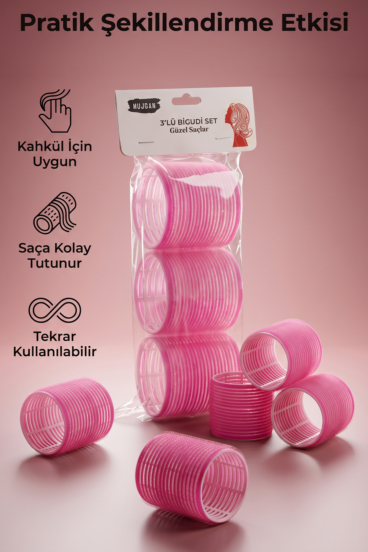 MUJGAN 3’lü Kalın Bigudi Seti, Kahkül ve Saçlara Doğal Hacim Kazandıran Pratik Saç Şekillendirici Pembe Renk görsel 2
