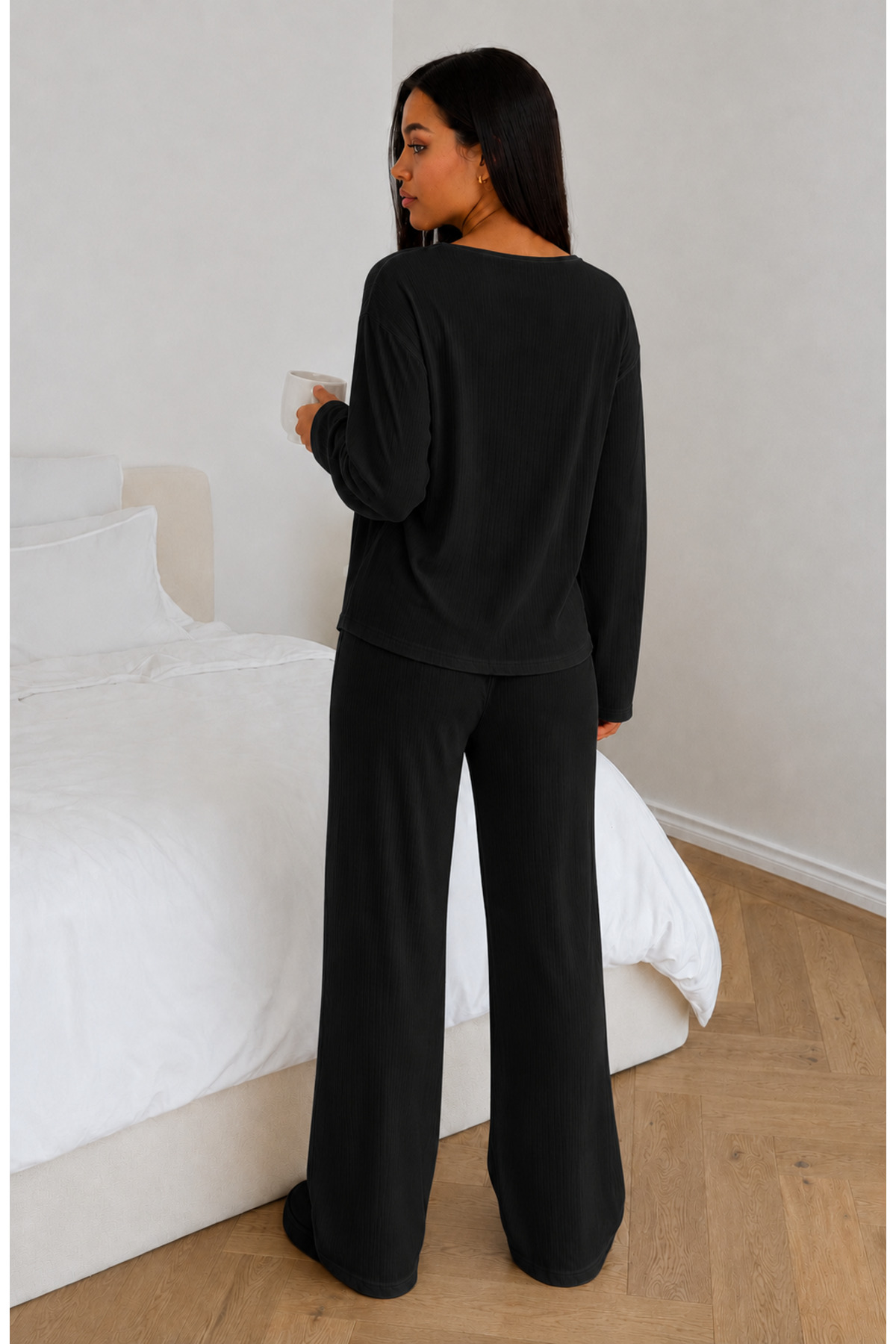 ÖZ PAMUK Kadın Uzun Kollu Raporlu Kumaş Şardonlu SOFT Pijama Takımı, Rahat Kesim Bisiklet Yaka Alt Üst Takım görsel 3