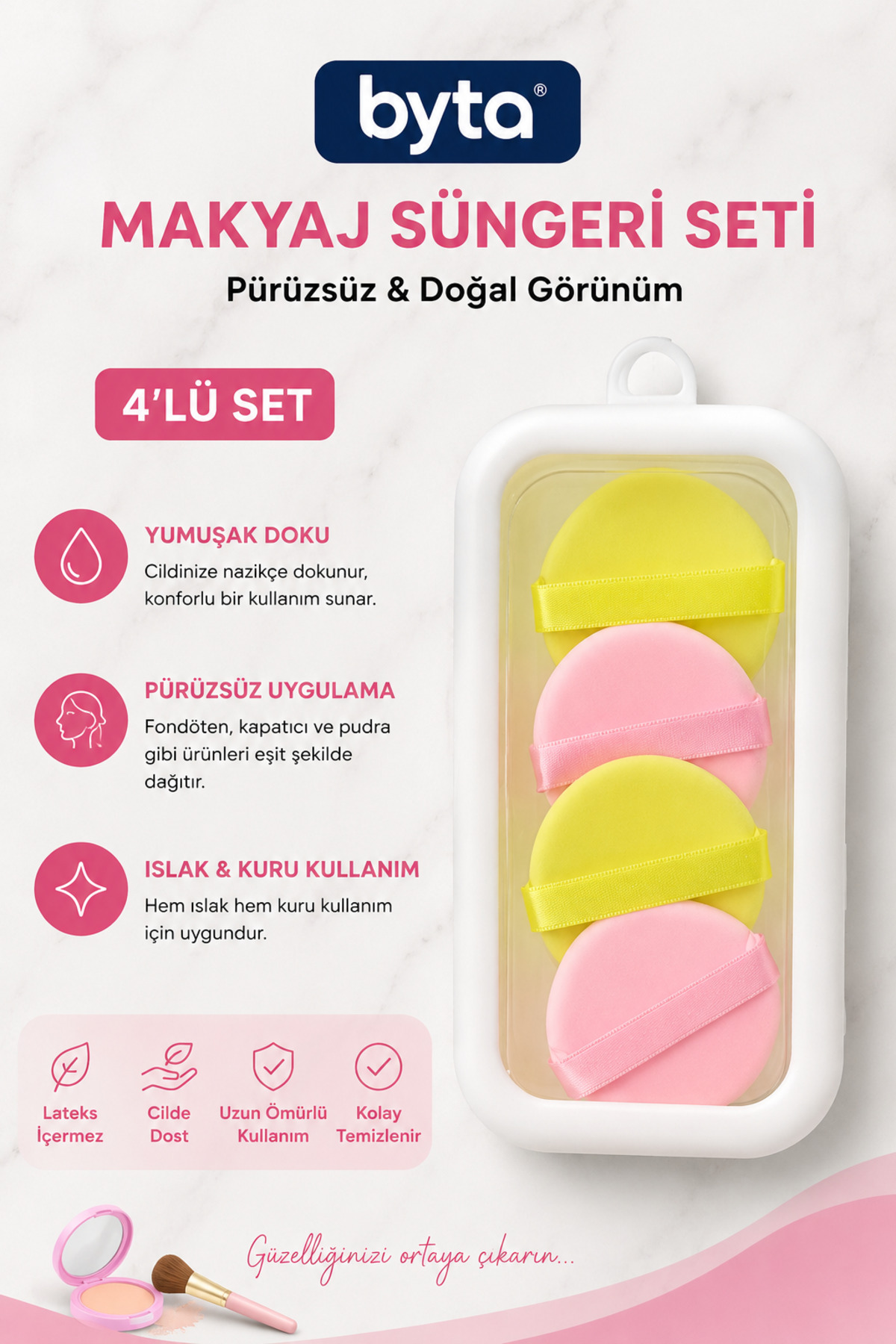 Smarthings 4’lü Makyaj Pudra Süngeri Seti – Yumuşak Dokulu, Parmak Bantlı Fondöten ve Pudra Uygulama Pufu — BYTA-AYK-019
