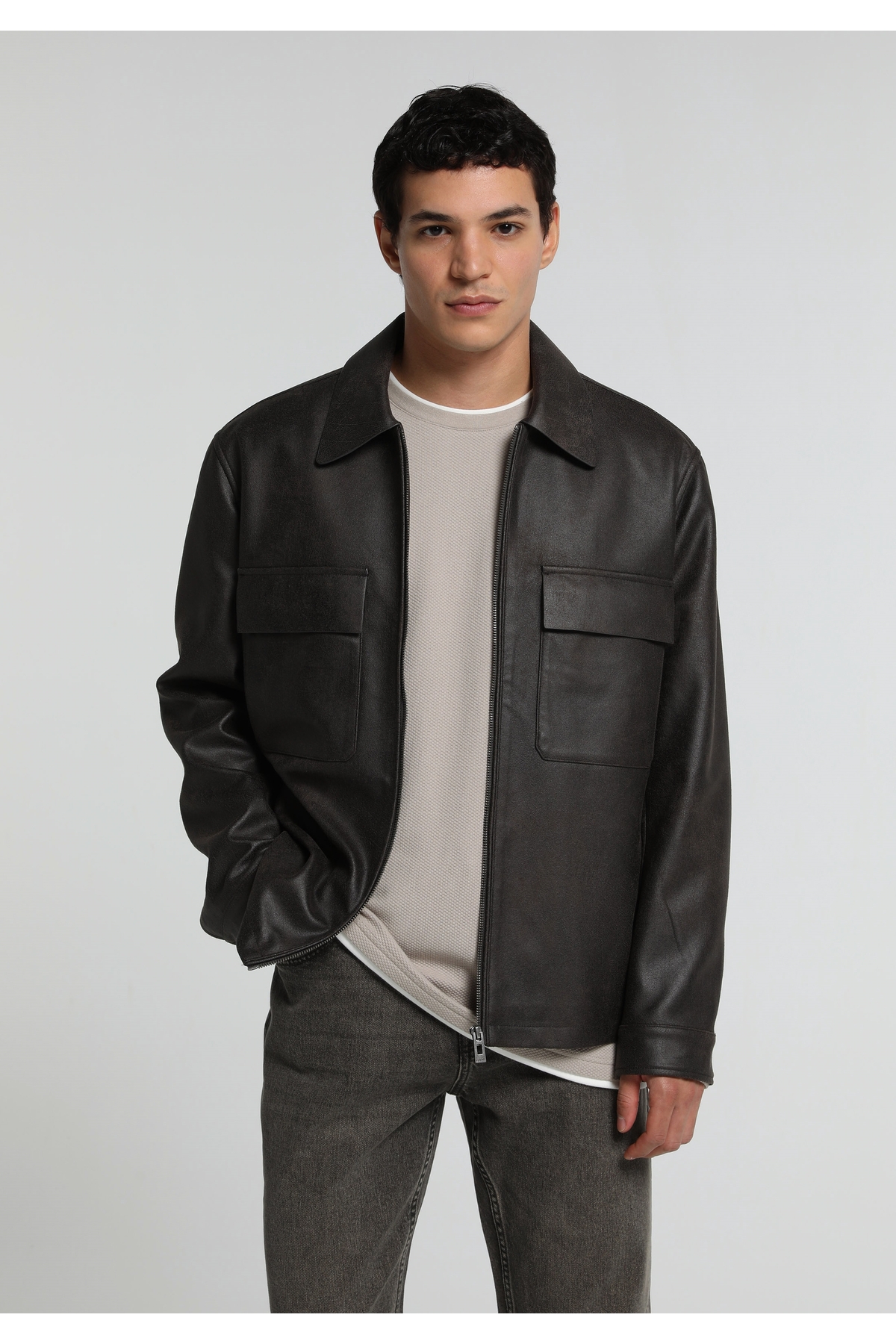 Colin's Regular Fit Shirt Neck Fermuarlı Astarlı Erkek Kahverengi Mont Pu — قهوهای CL1082377_Q1.V1