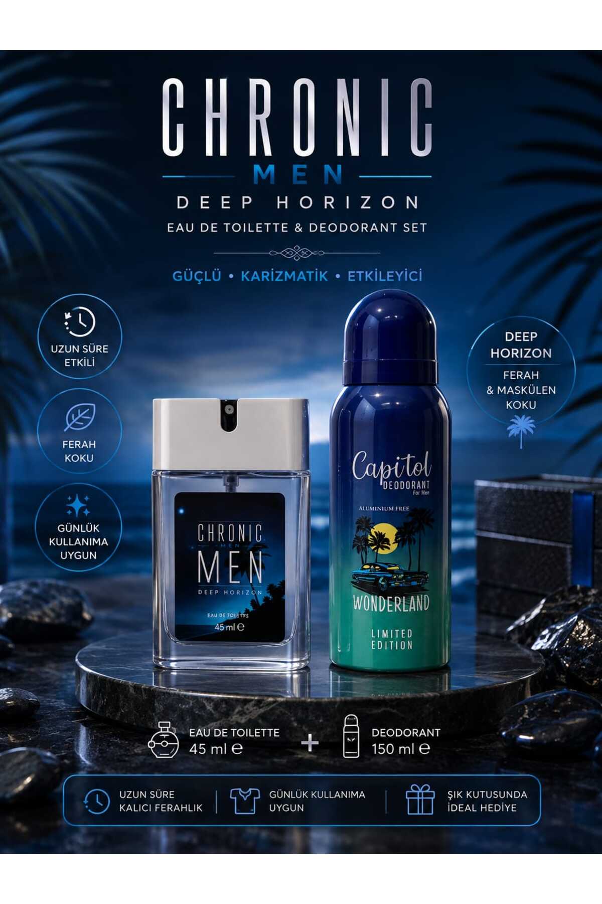 Chronic Men Deep Horizon Erkek Cep Parfümü 45 ml ve Capitol Deodorant 100 ml — dj3839