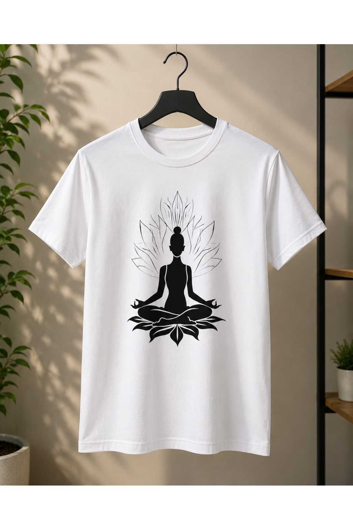 Minimal Lotus Çiçeği Ve Yoga Temalı Günlük Beyaz Kısa Kollu Kadın Tişört