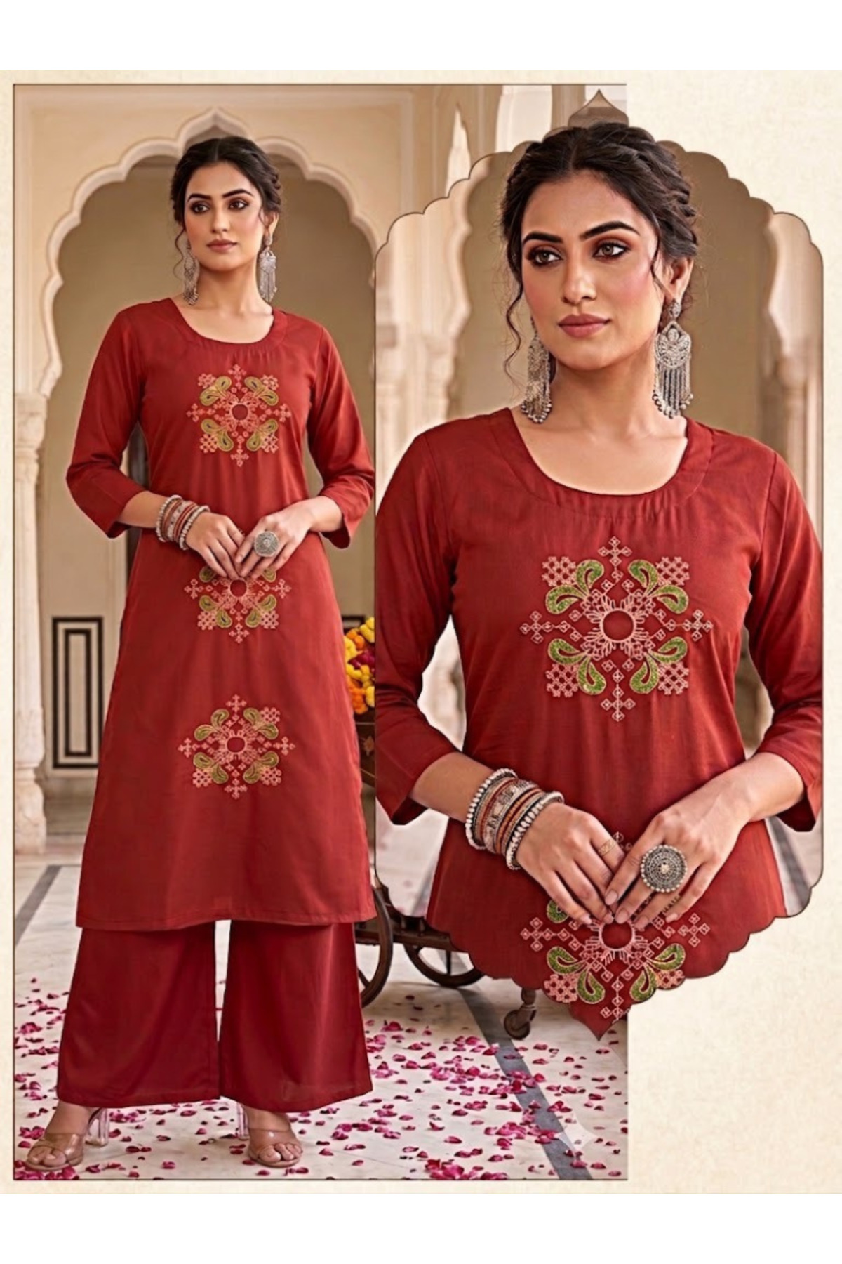 MYSMAR Rust Dhaboo Cotton Embroidered 2-Piece Kurti Set - VVB9545 | Rust-Size:2XL-44-Inches