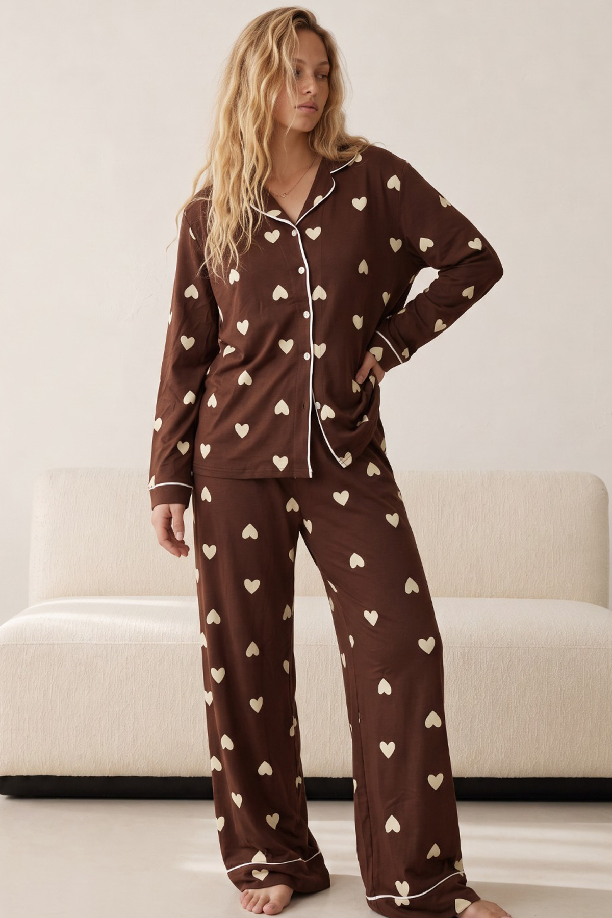 Siyah İnci kahverengi kalp desenli Düğmeli Biyeli Oversize Pamuklu Örme Pijama Takım 8071 görsel 2