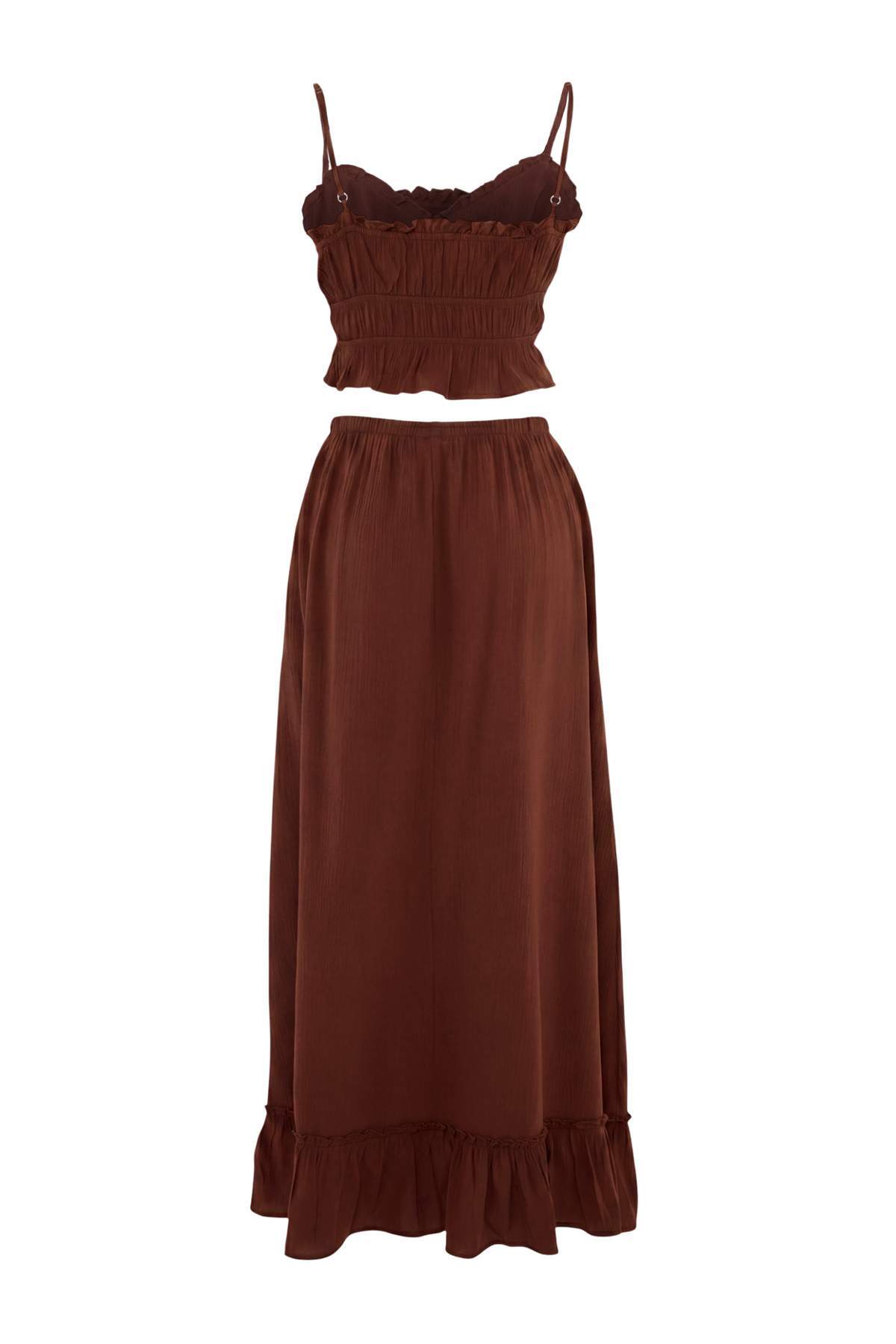 Braunes gewebtes Maxi-Strand-Blusenrock-Set mit Schleife und hoher Taille TBESS25AU00110
