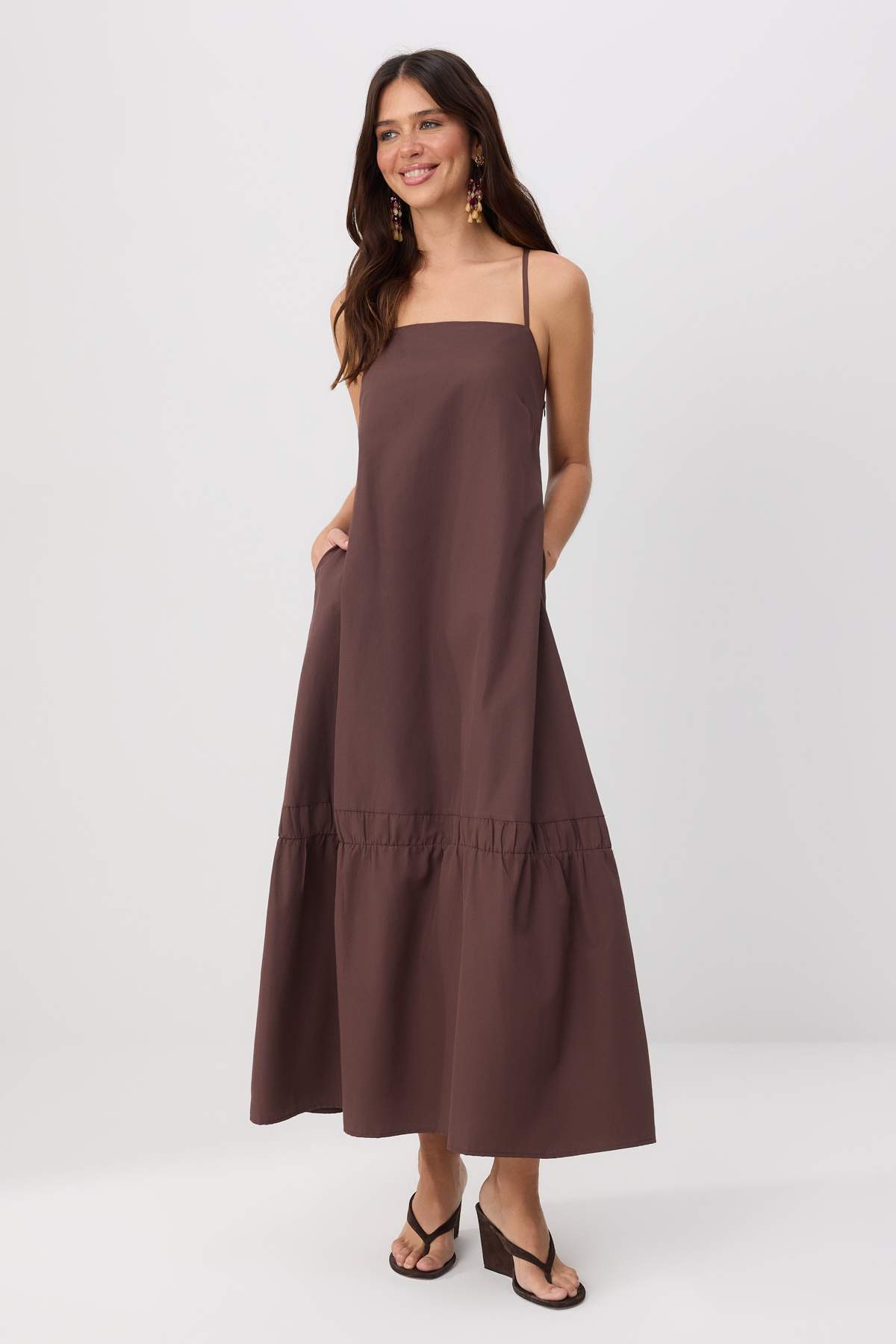 Trendyolmilla Kahverengi Düz Maxi Dokuma Elbise TWOSS26EL00564