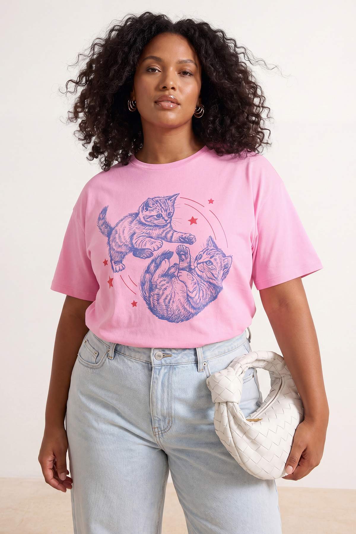 Trendyolmilla Curve Pembe Kedi Baskılı Oversize Fit Büyük Beden T-shirt TBBSS26BF00042