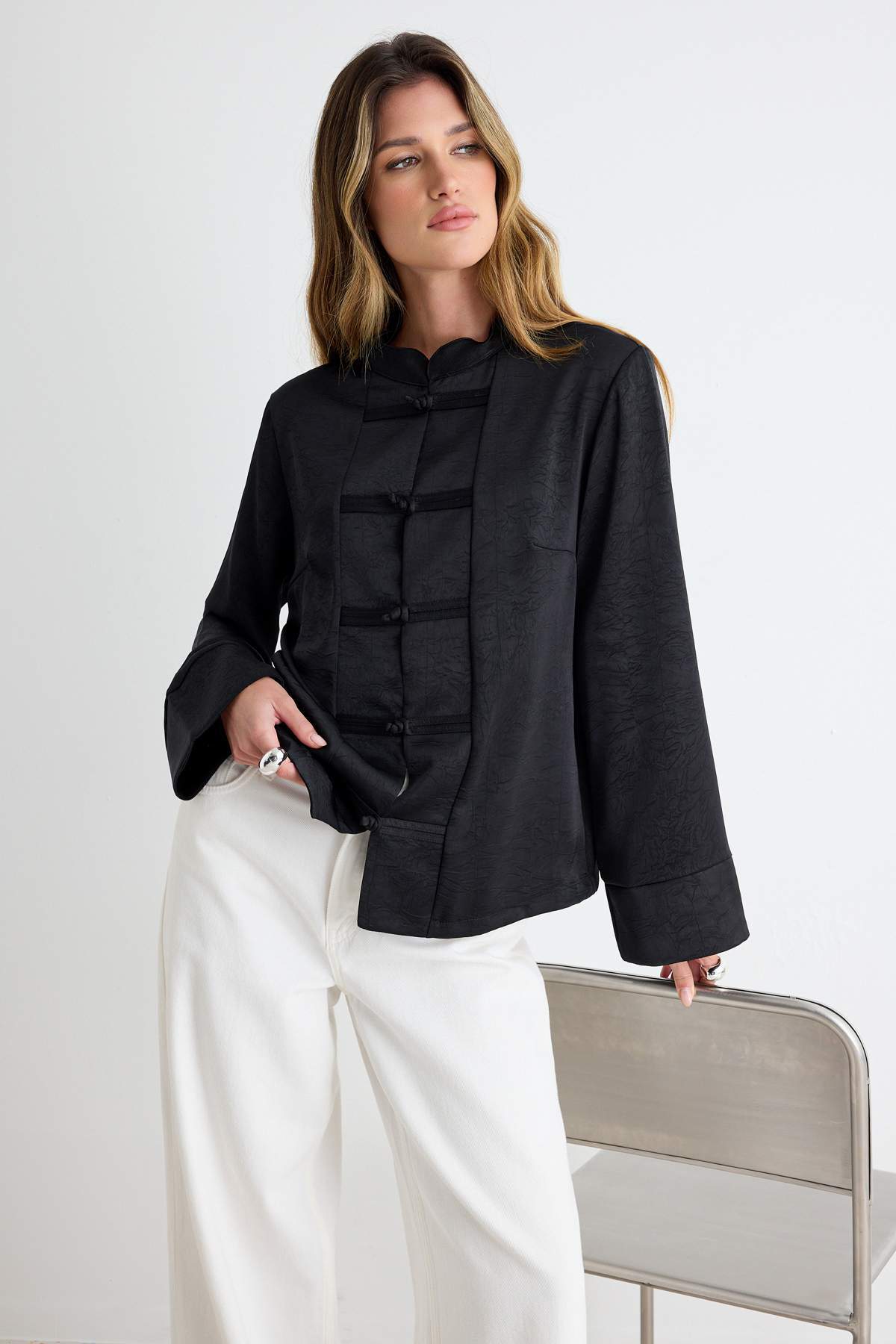 Trendyol Collection Black Textured Satin Shirt with Closure Detail Twoaw27Go00103