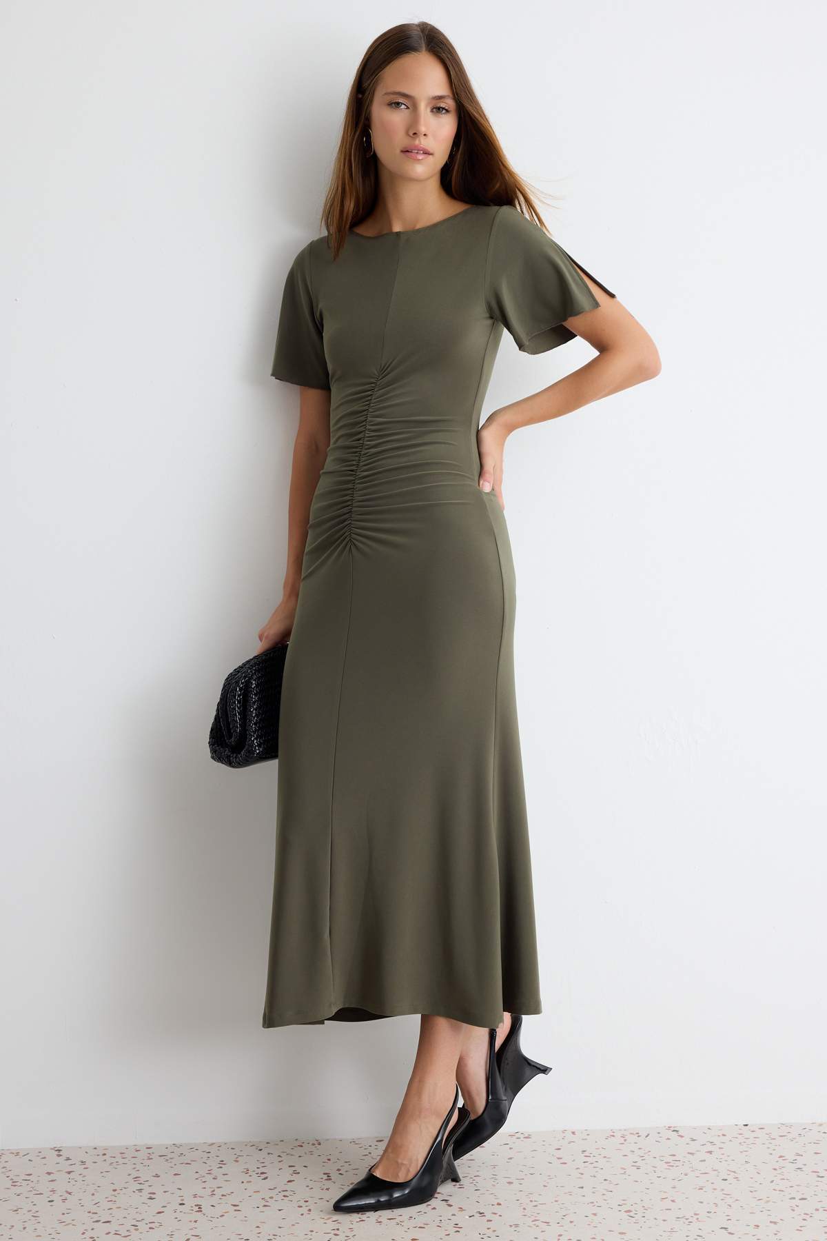 Trendyol Collection Haki Bodycon/Fitted Boat Neck Shirred Midi Stretchy Knitted Dress Twoaw27El00132