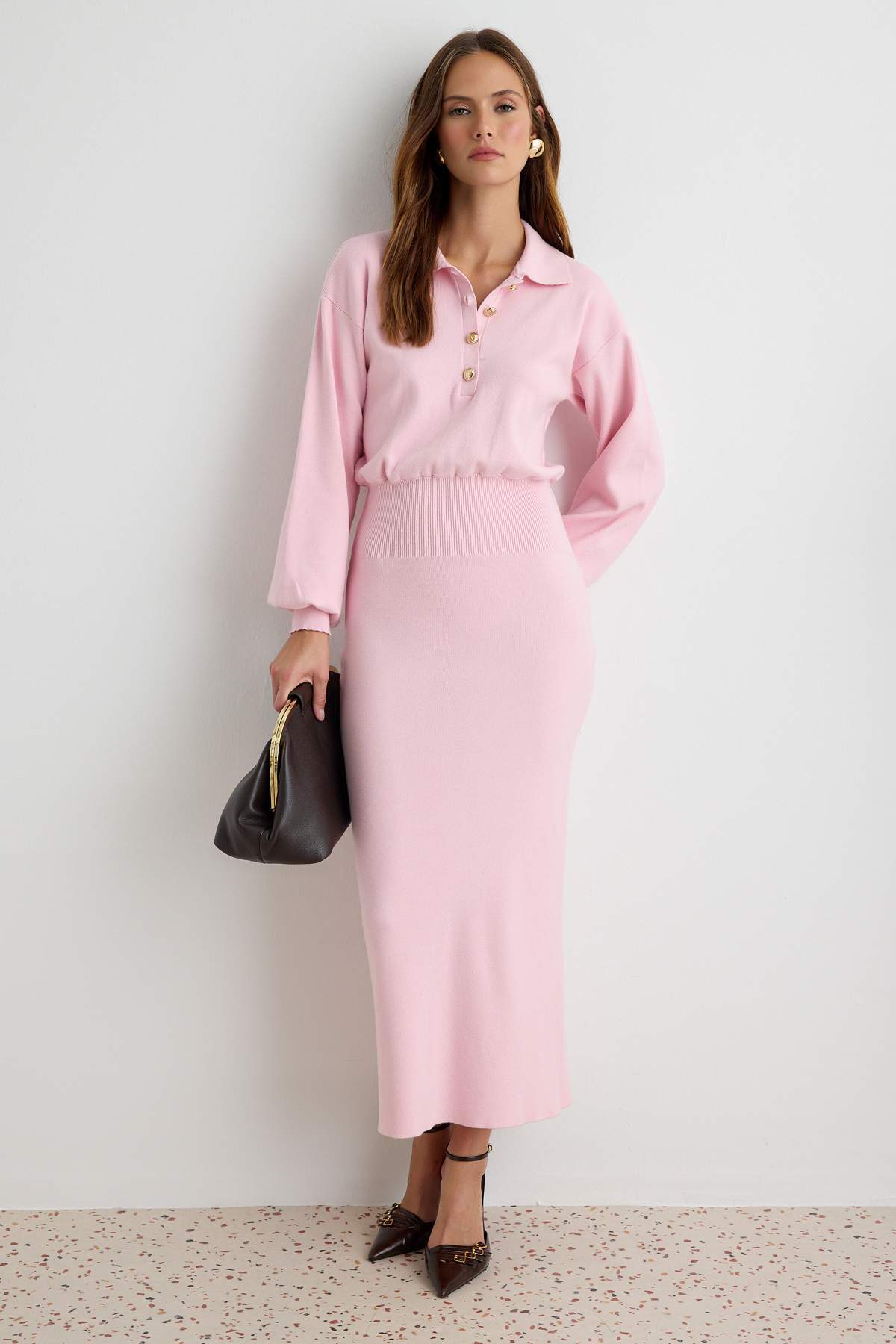 Trendyol Collection Pink Polo Collar Bluzan Plain Maxi Knitwear Dress Twoaw27El00065