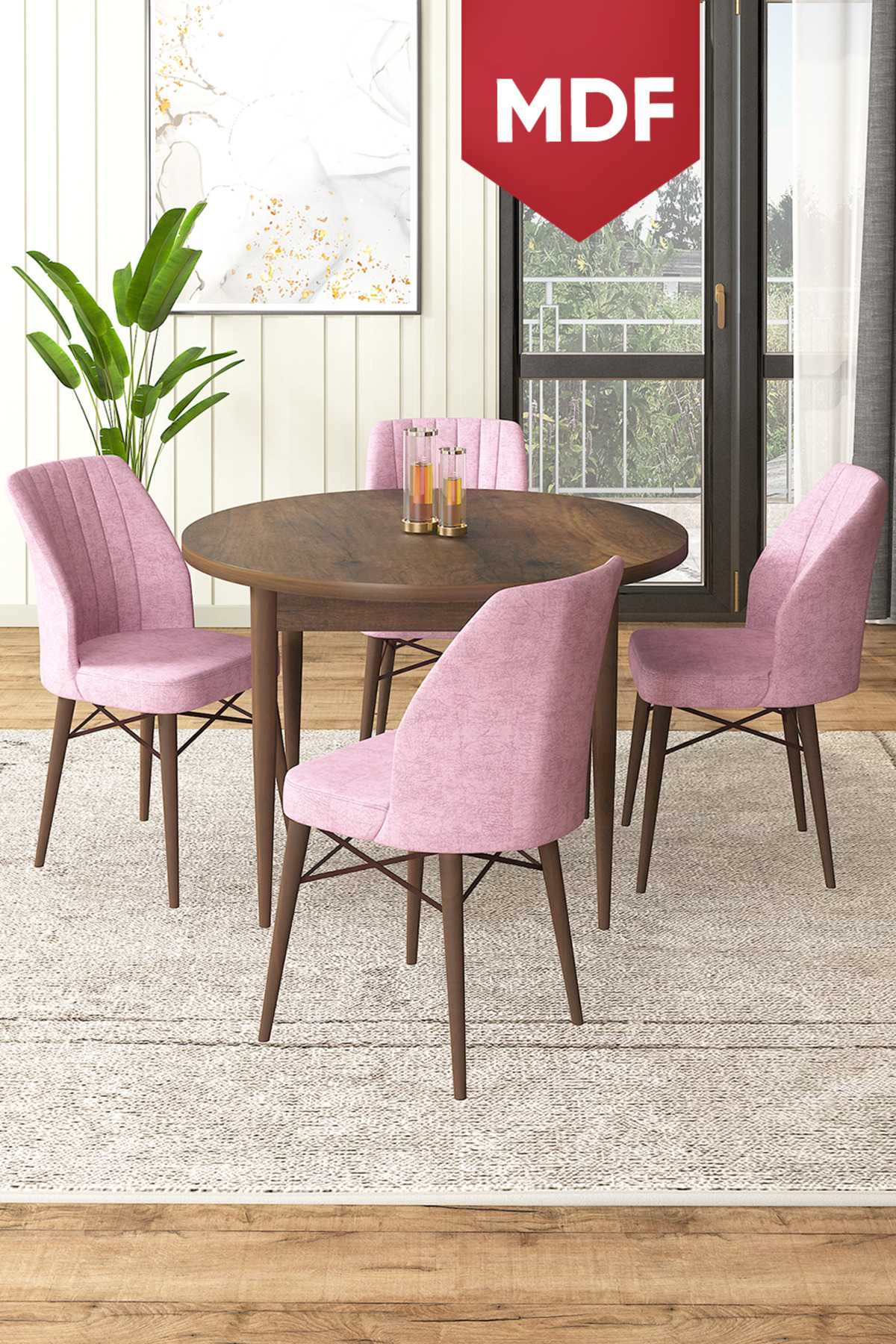 Rox Series MDF Round 90x90 Baroque Wood Pattern Fixed Table 4 Pink Chairs Kitchen Table Set