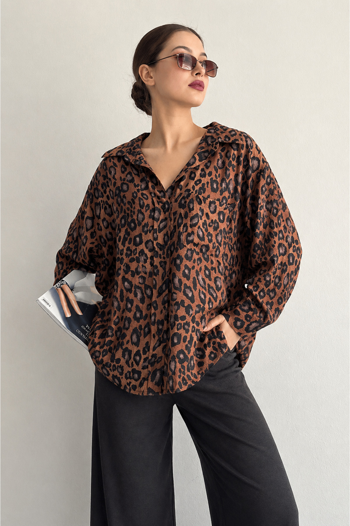 İLKCET MODA Leopar Desenli Oversize Kadın Gömlek