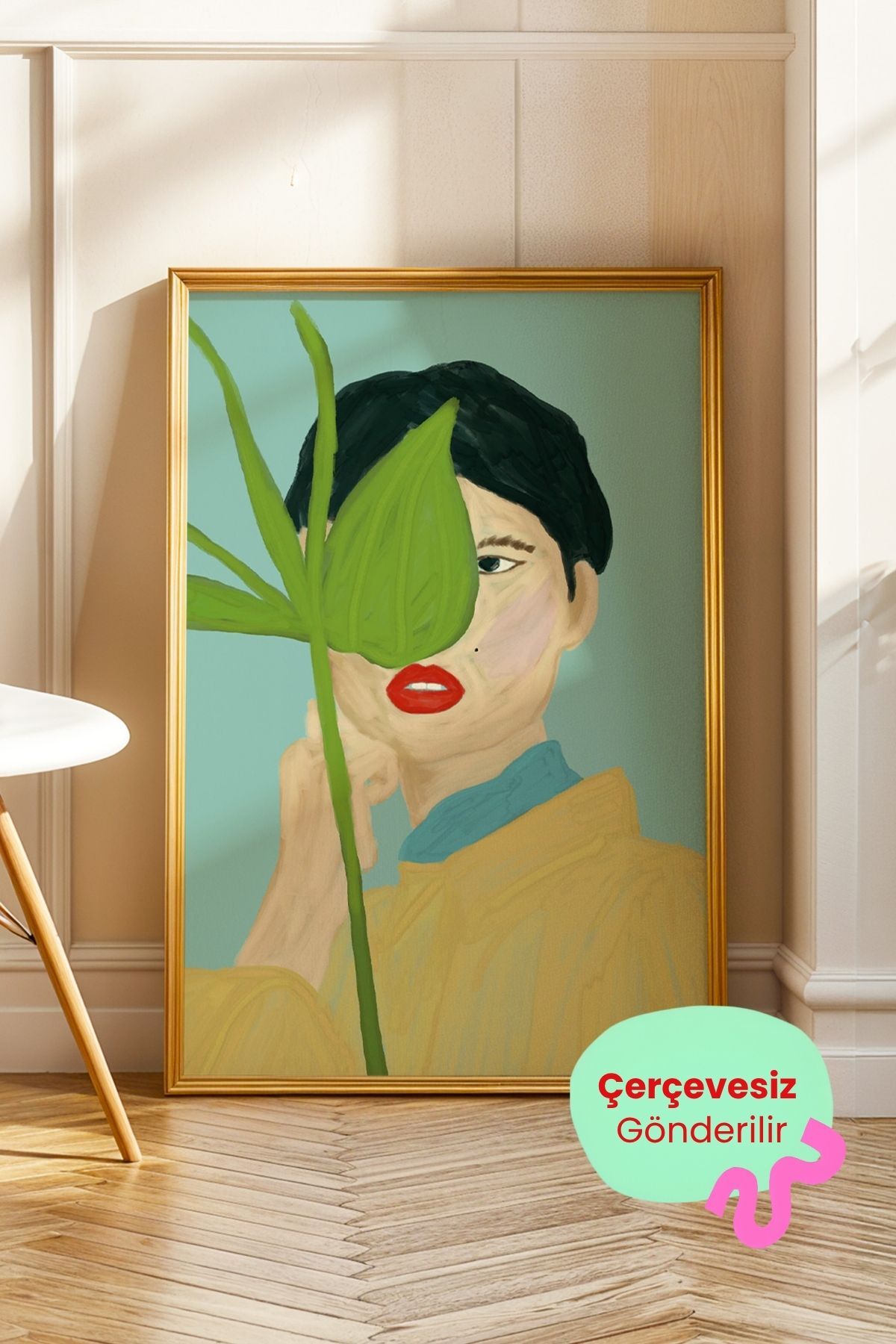 Yapraklı Kadın Portre Poster Soyut Modern Sanat Dekoratif Duvar Tablosu Çerçevesiz