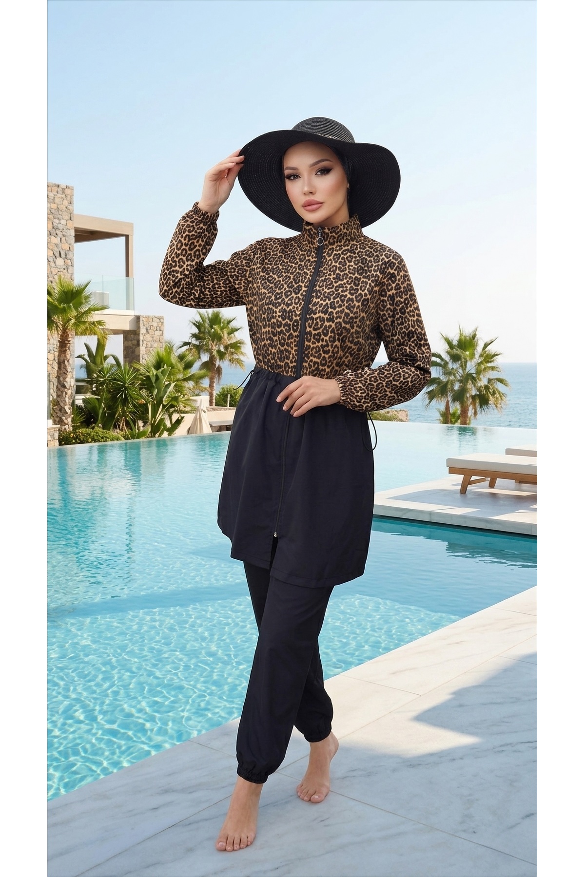 Leopard Waist Adjustable Elastic Water Repellent Fabric 3-Piece Modest Swimsuit Set Beachwear Burkini