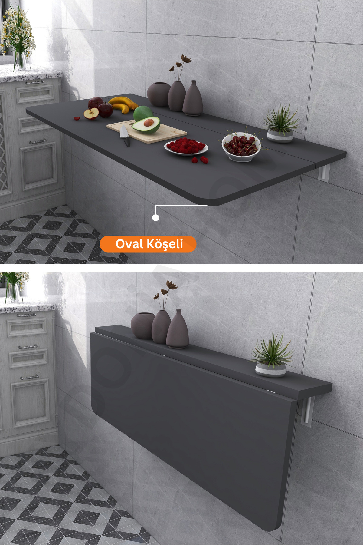 60x90 cm Oval Cornered Anthracite Fixed Shelf Wall Mounted Crushed Folding Table