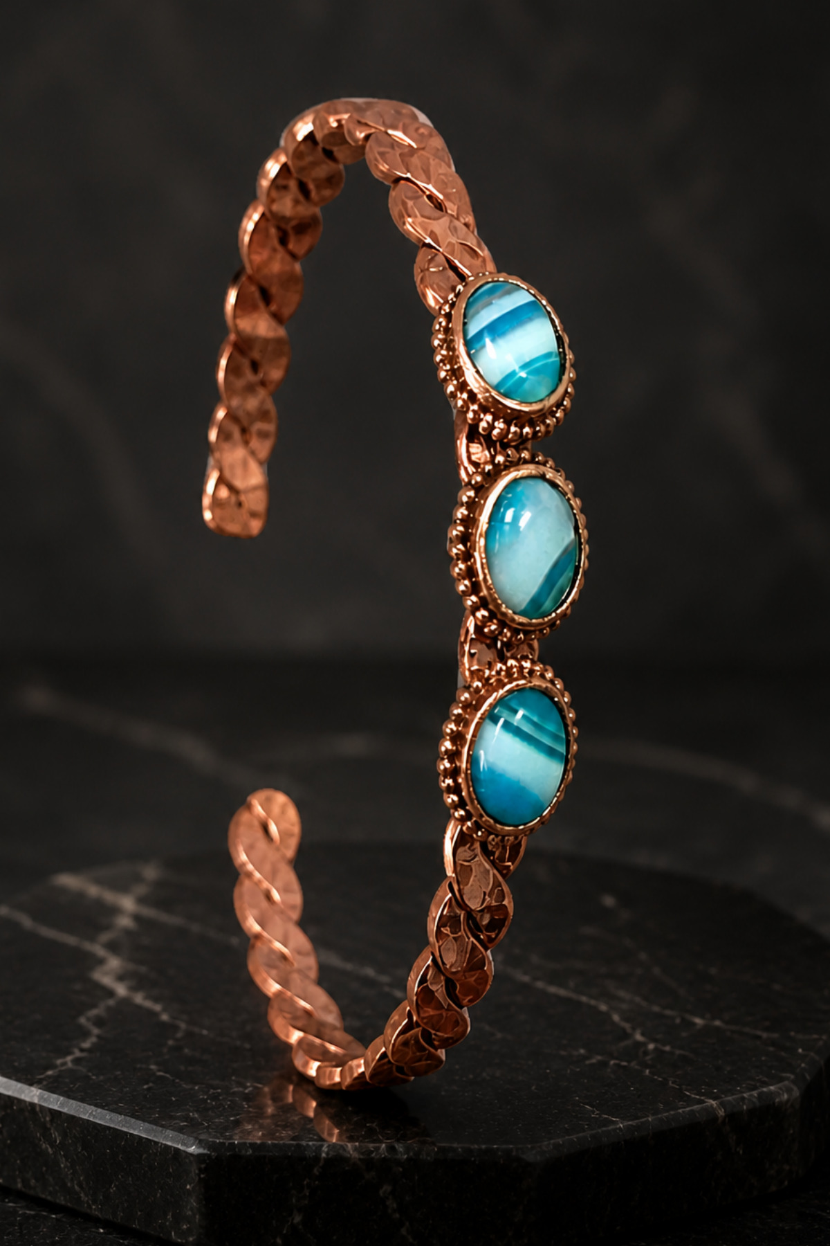 Women's Copper Bracelet - Knit Model 3 Row Turquoise Natural Stone Copper Bracelet