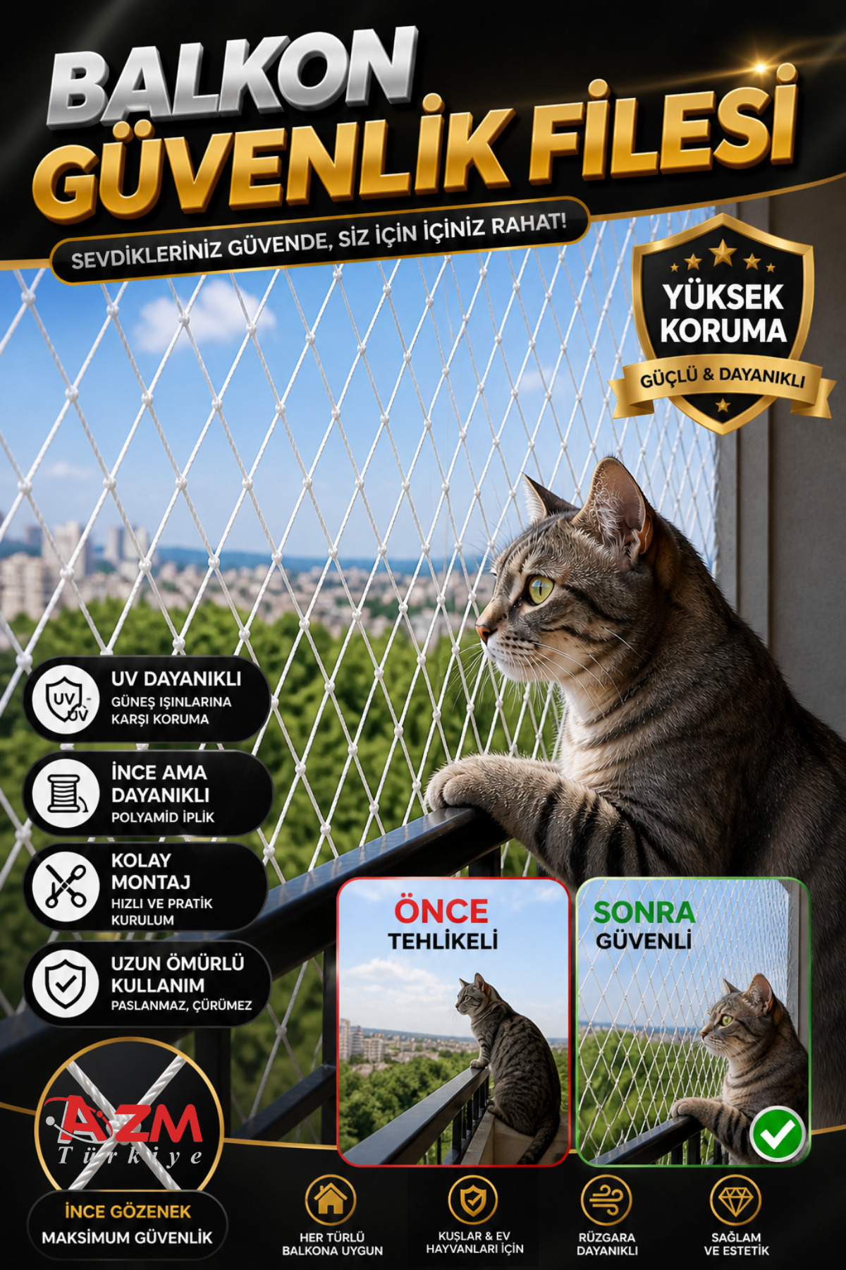 Azmtürkiye Güvenlik Filesi 2,5x4 Metre Balkon Filesi Kuş Filesi Kedi F