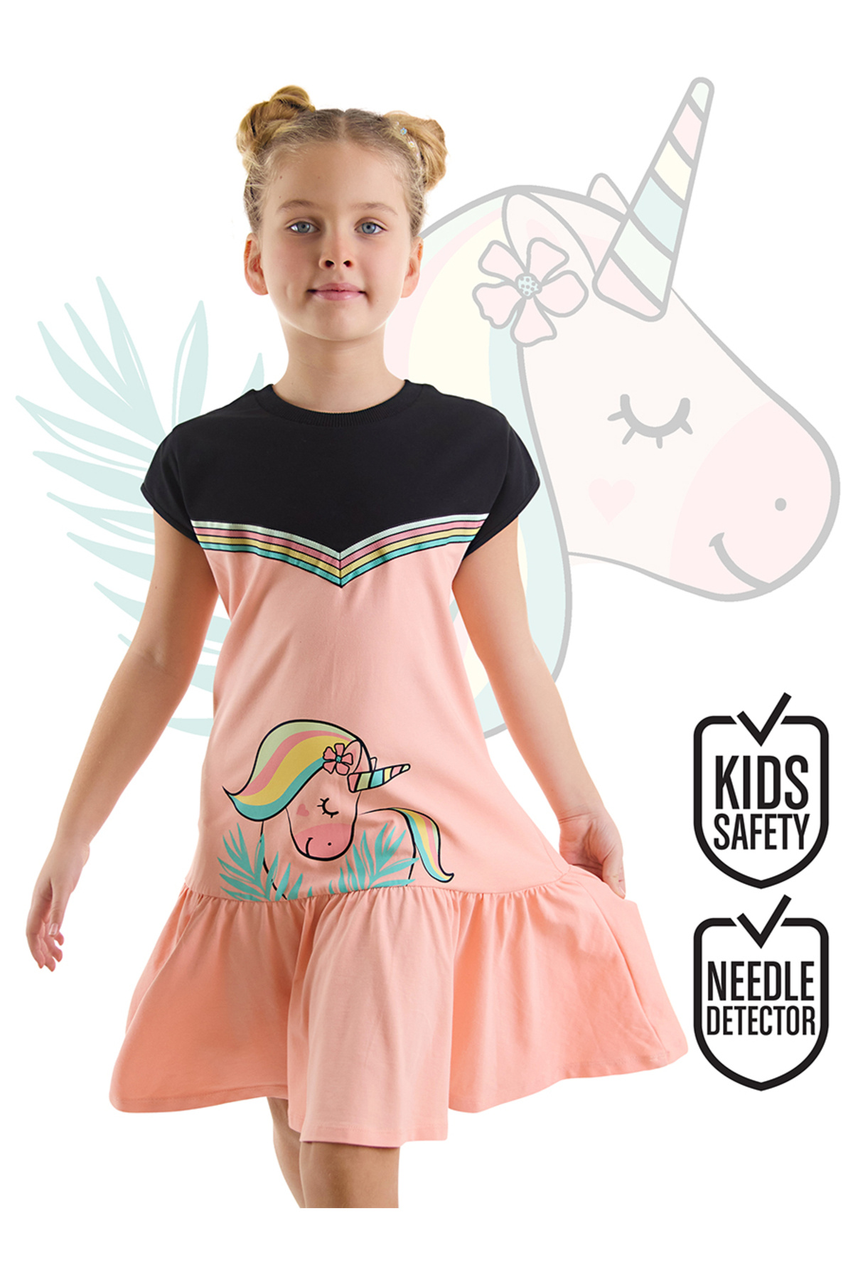 Denokids Çiçekli Unicorn Kız Çocuk Somon Siyah Yazlık Penye Elbise