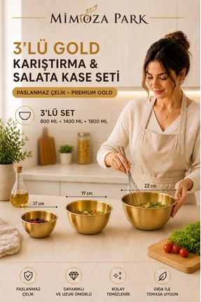 MİMOZA PARK 3'Lü Gold 304 Paslanmaz Çelik Karıştırma Ve Salata Kasesi Çırpma ...