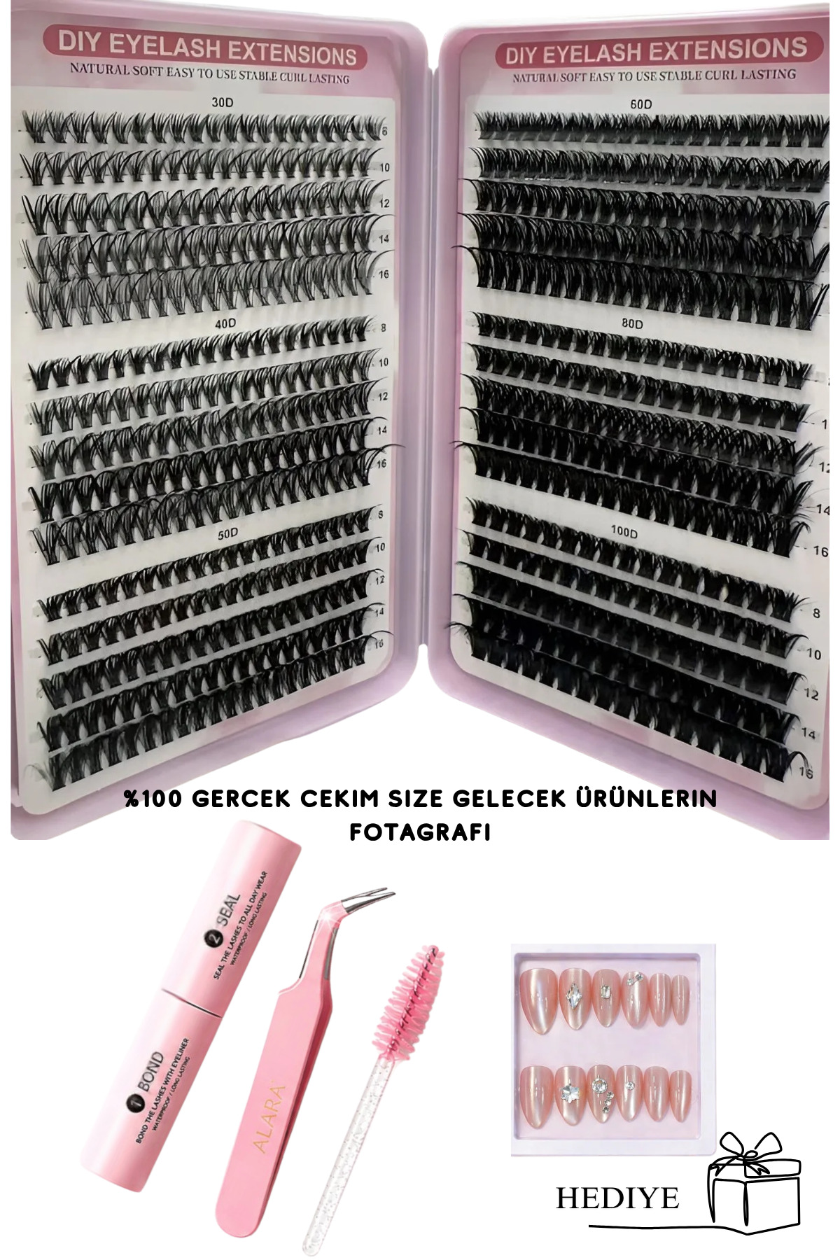 Alara’nın Kirpik Koleksiyonu 600 Demet Cluster Takma Kirpik Seti D Curl 30D 40D 50D 60D + Bond Seal Uygulama Kiti + Cat Eyes 12’li Takma Tırnak Hediyeli — ALR*GUZELLIKKIT600 — تصویر 3 از 7