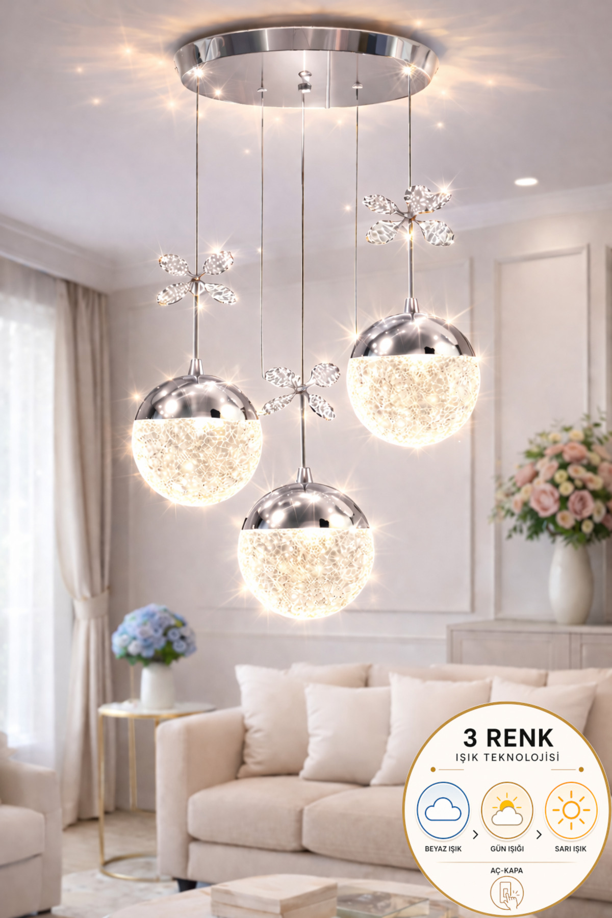 Grate Model 3-Piece Chrome Plated 3-COLOR Living Room Kitchen Living Bedroom Modern Led Chandelier