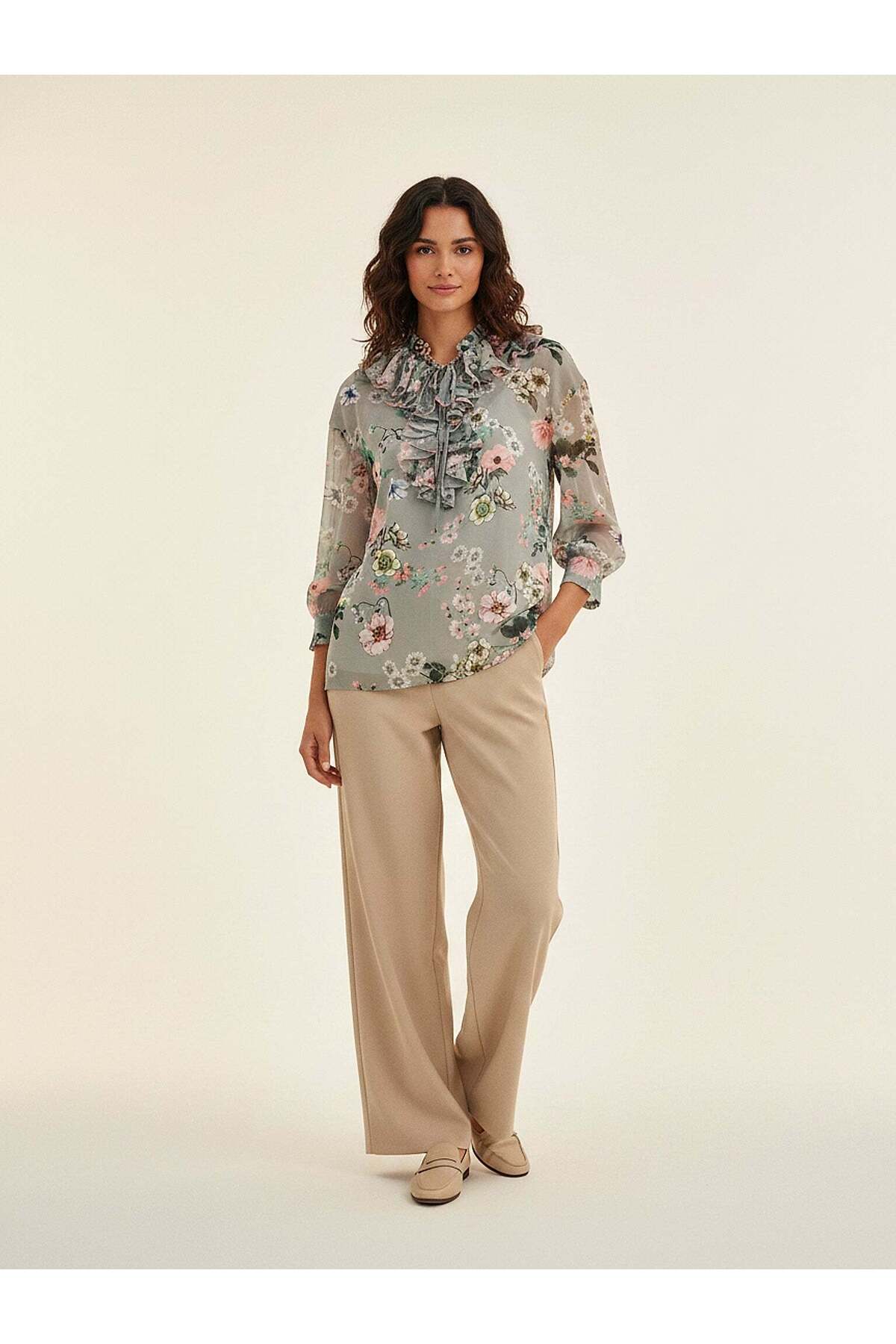 Women's Gray Floral Patterned Ruffle Collar Chiffon Blouse – Flair Fit |Cotton Inner Layer |Lightweight Chiffon