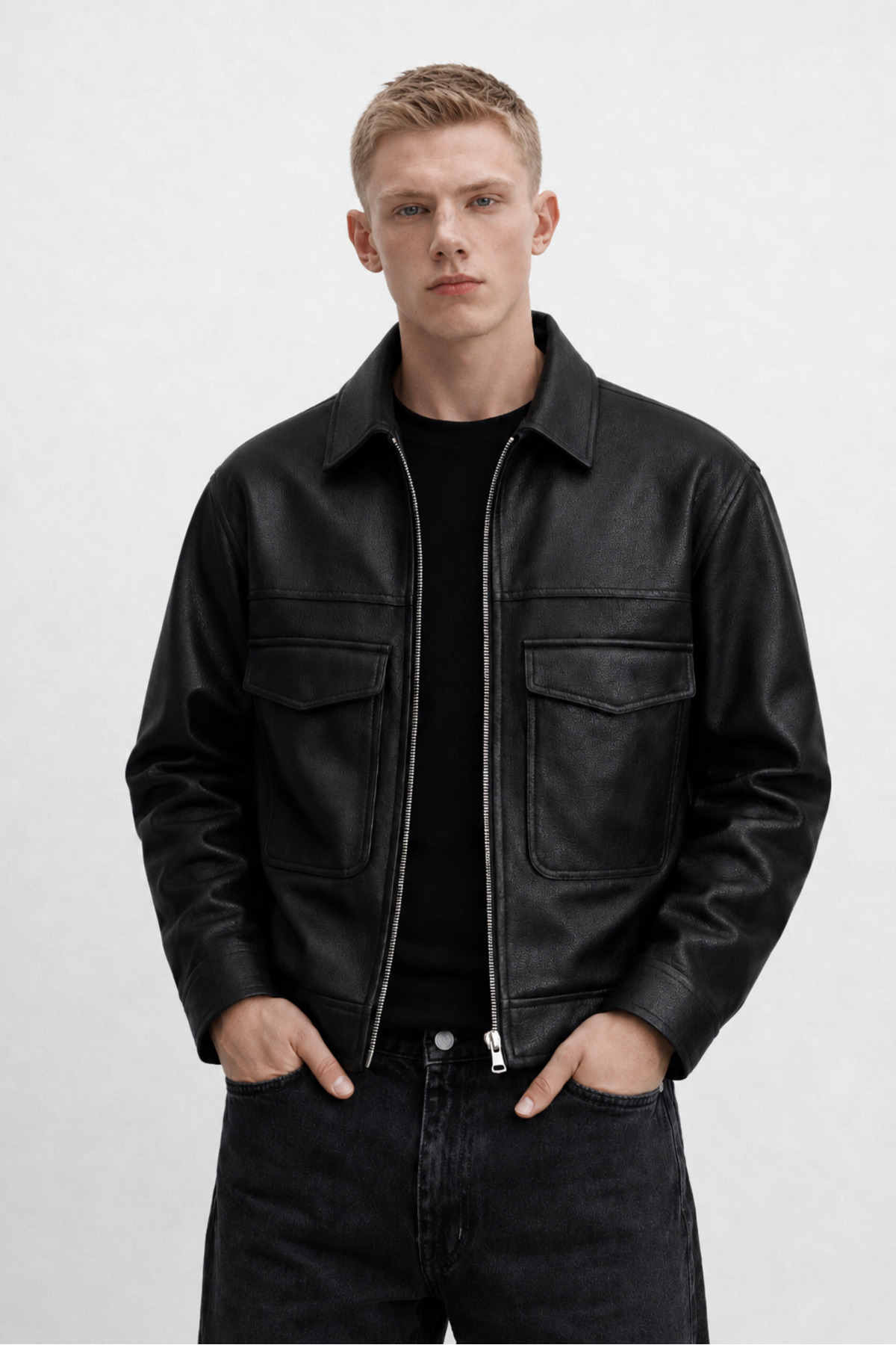 OHM OHEPMODA Oversize Rahat Kalıp Cep Detaylı Erkek Deri Ceket