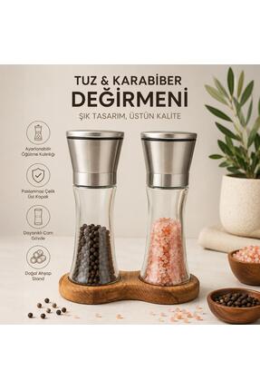 BuradaBuldun Ahşap Standlı Cam Tuz Karabiber Değirmeni | Paslanmaz Çelik Kapa...