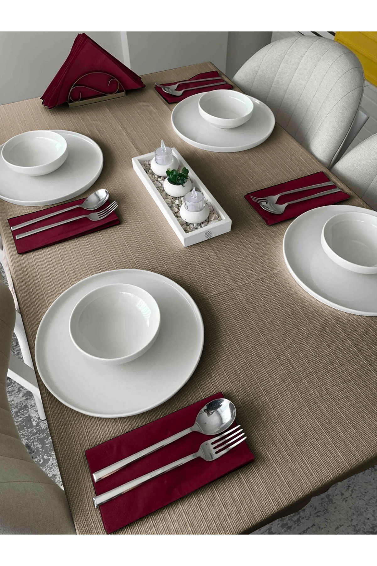 Linen Textured Beige Tablecloth Carefree