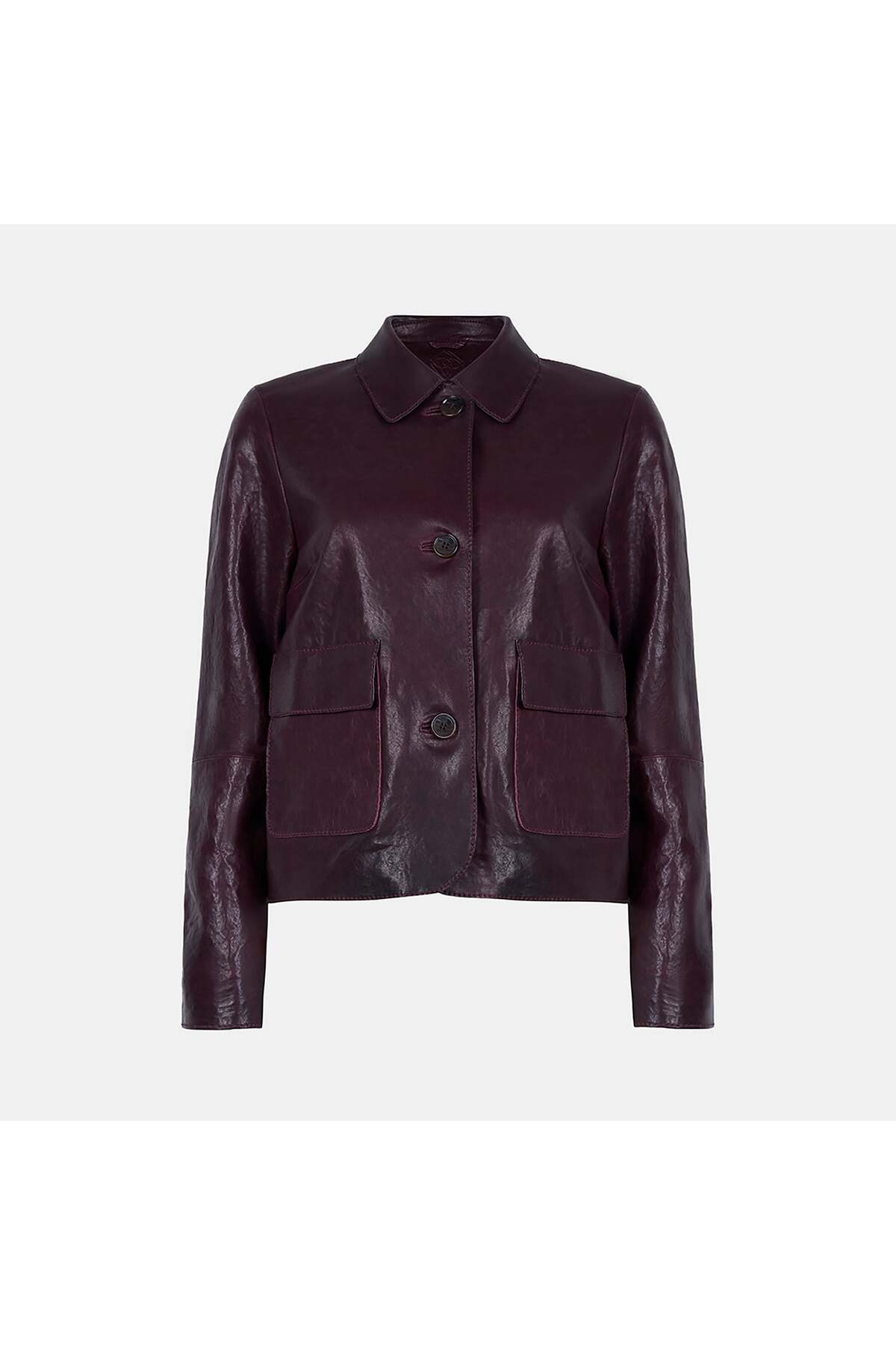 Women's Claret Red Shirt Collar Buttoned Short Leather Jacket