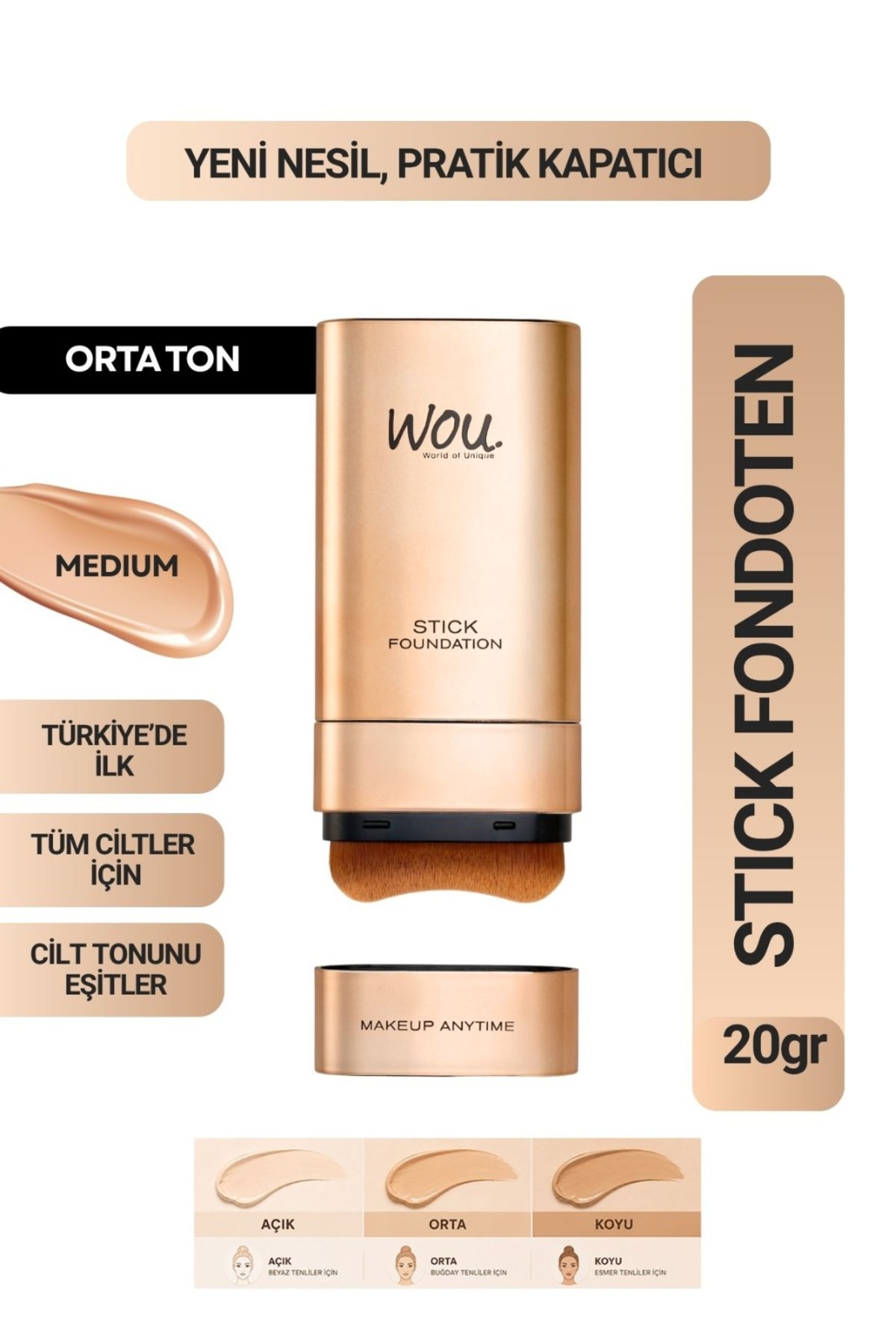 WOU World of Unique Stick Fondöten, Fırçalı Pratik Kapatıcı, 2 in 1, 20 gr, Orta Ton - Fiyatı, Yorumları
