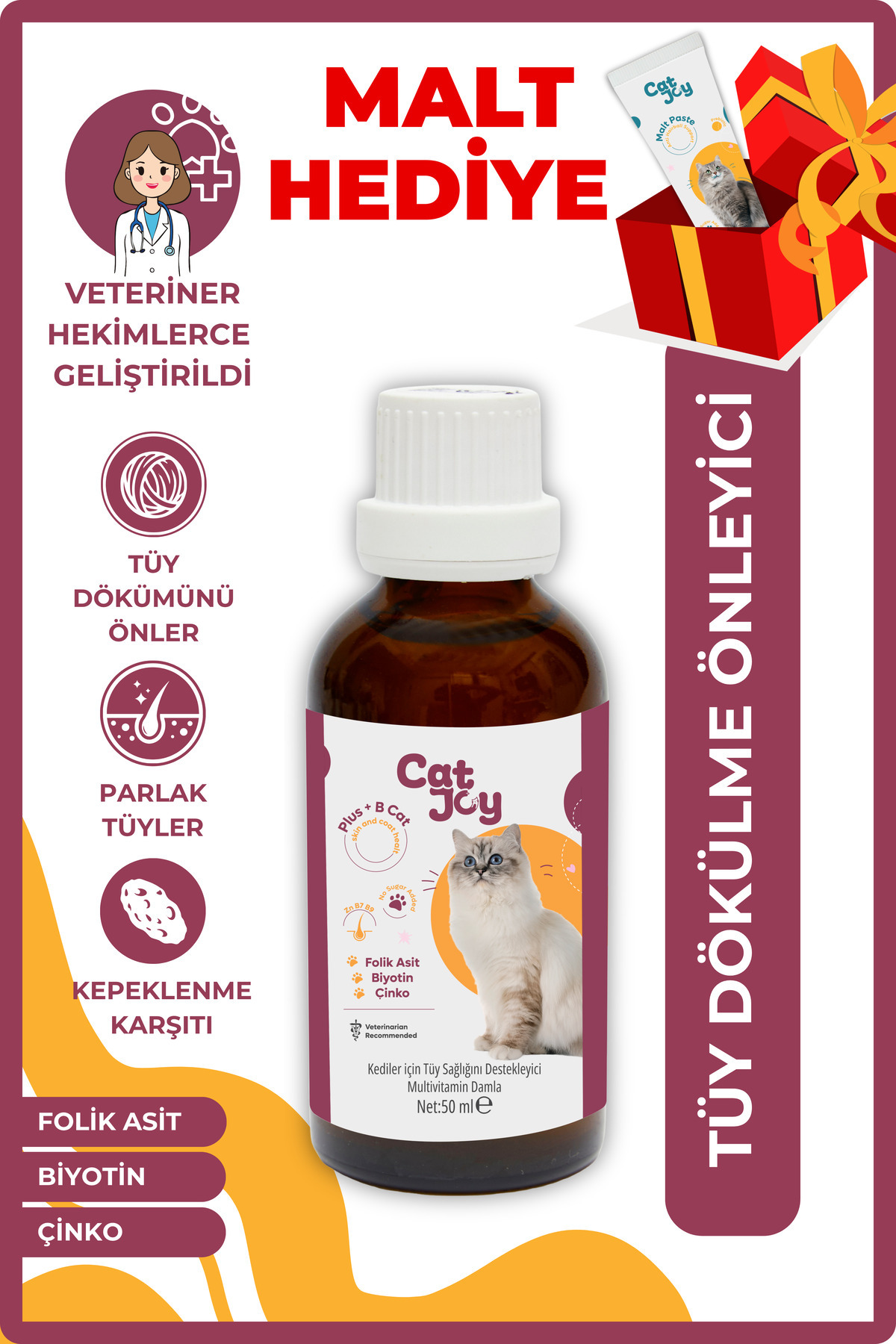 CATJOY Kediler İçin Plus B Damla 50ml - Tüy Dökümünü Azaltan Tüy Sağlığını Destekleyen Damla - Fiyatı, Yorumları