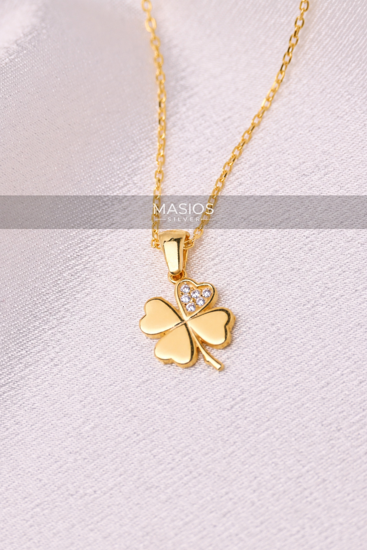 Masios Silver Zirkon Taşlı Gold Renk 4 Yapraklı Yonca Model 925 Ayar Gümüş Kolye görsel 4